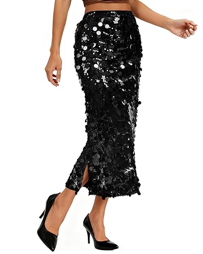 Sequin Skirt for Women Elastic High Waist Midi Skirt Side