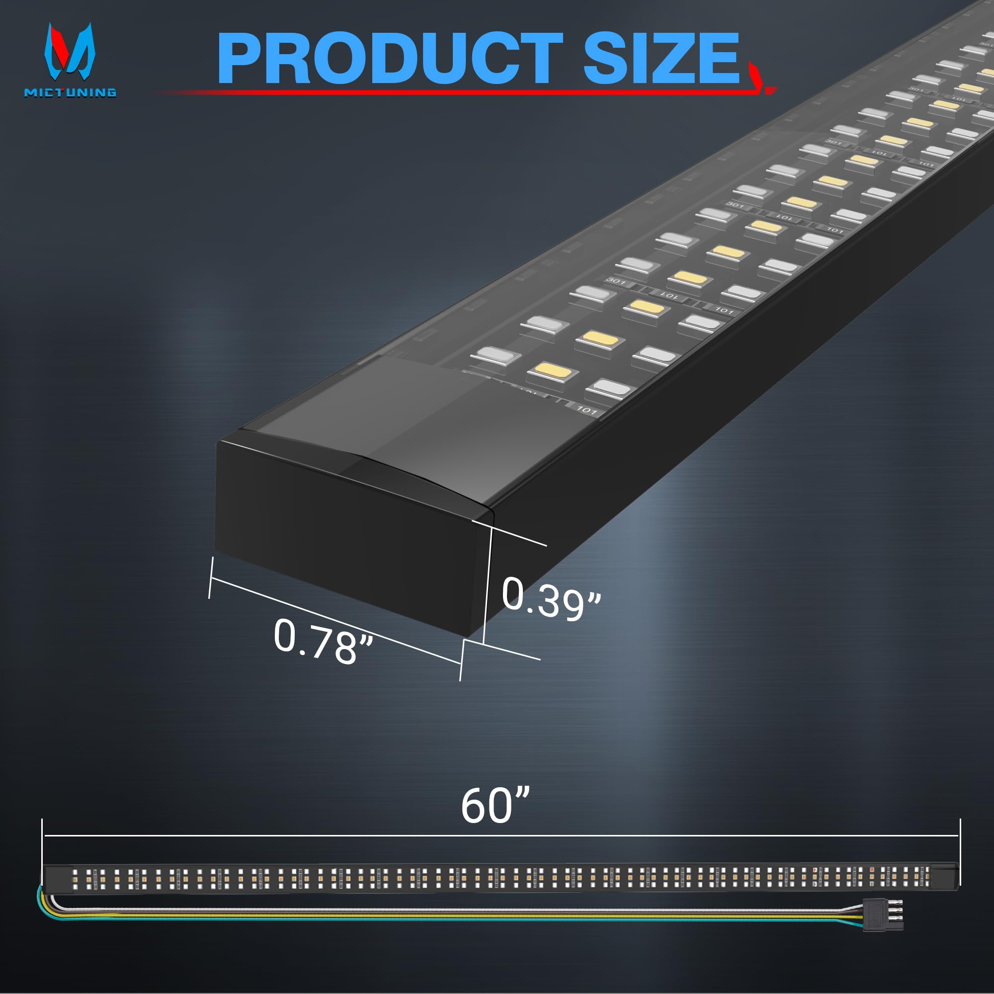 MICTUNING Bande lumineuse LED à triple rangée de 152 cm, 504 LED, étanche, avec connecteur plat à 4 voies, 5 fonctions, clignotant rouge, frein, lumière de courant, feux de recul blancs