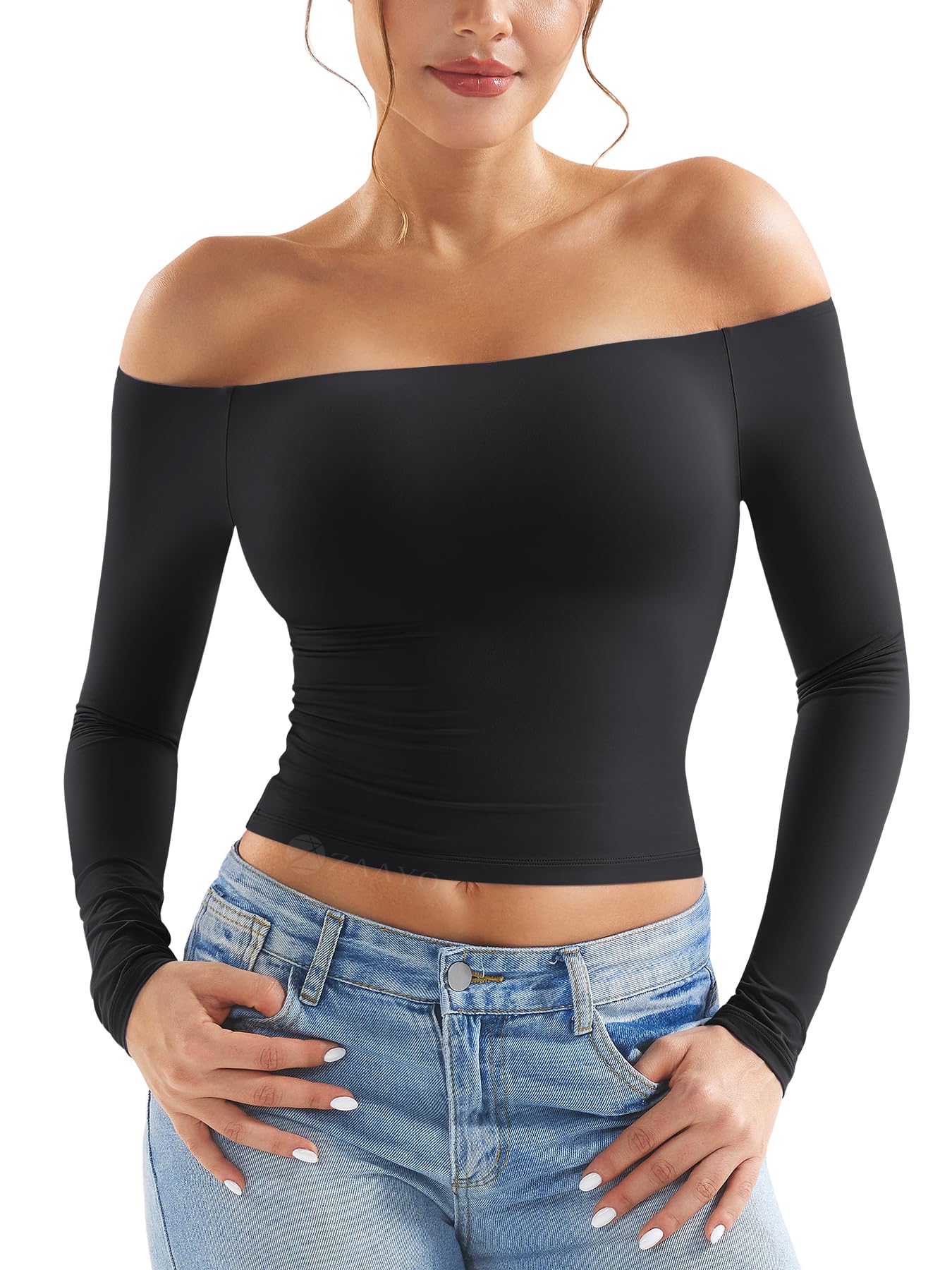 ZAAYO Haut à manches longues épaules dénudées pour femme Y2K Crop Top basique T-shirt à manches longues T-shirt de sport épaules dénudées Gym Haut pour femme