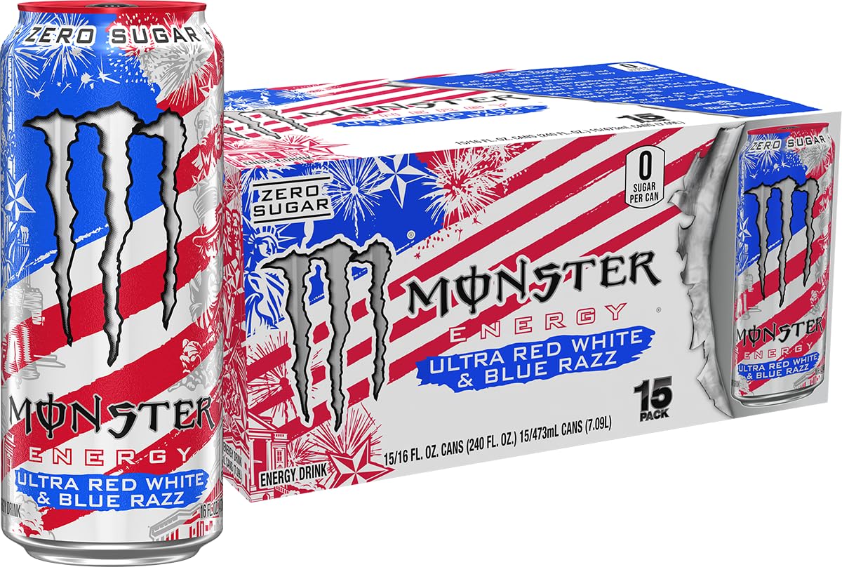Monster Energy Ultra Red White & Blue Razz, Sugar Free Energy Drink, 16 Ounce (Pack of 15)