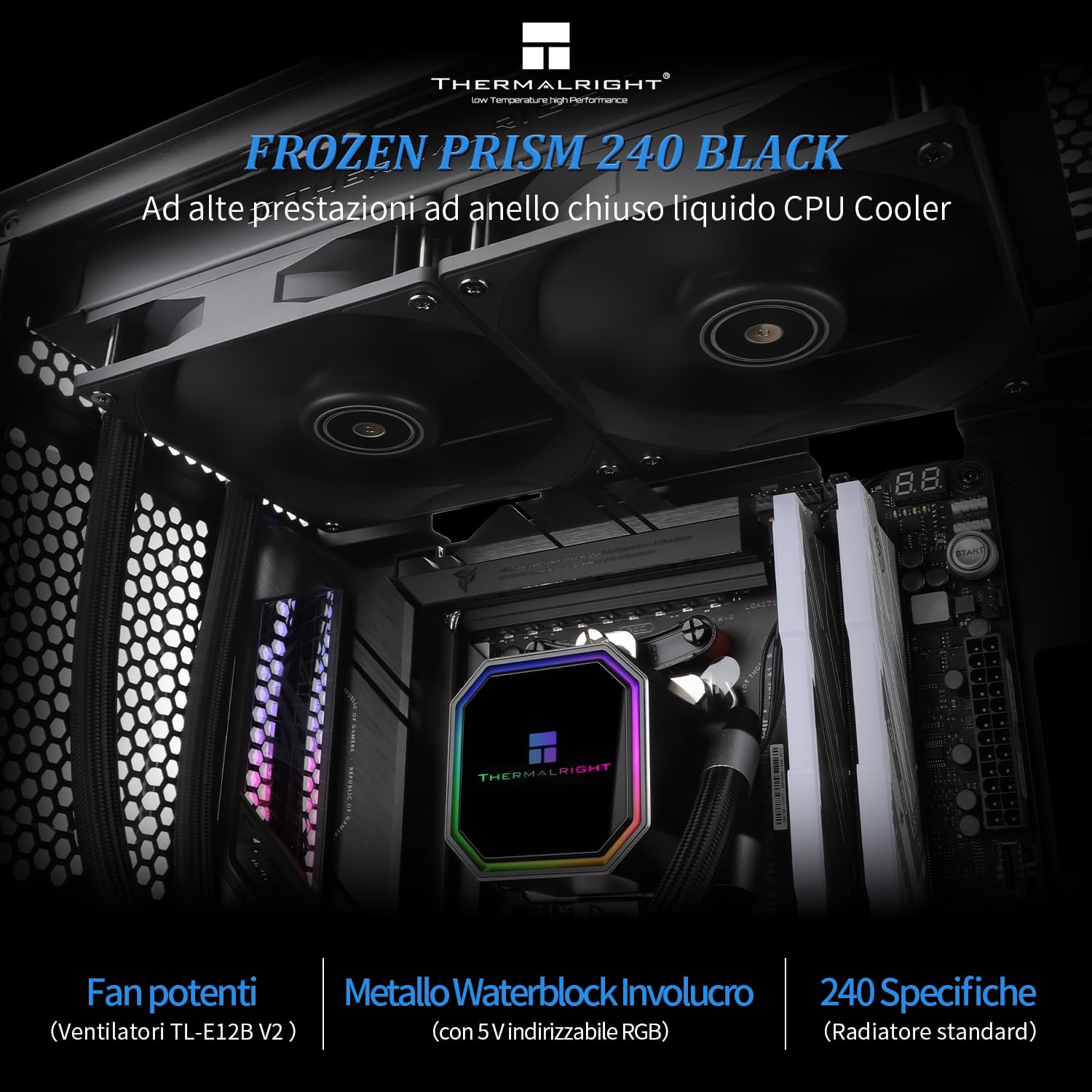 TR Frozen Prism 240 nero Refrigeratore di liquido per CPU con ventilatore PWM da 120 mm, dissipatore di calore per raffreddamento ad acqua integrato per AMD/AM4/AM5, INTEL 1700/1150/1151/1200/2011