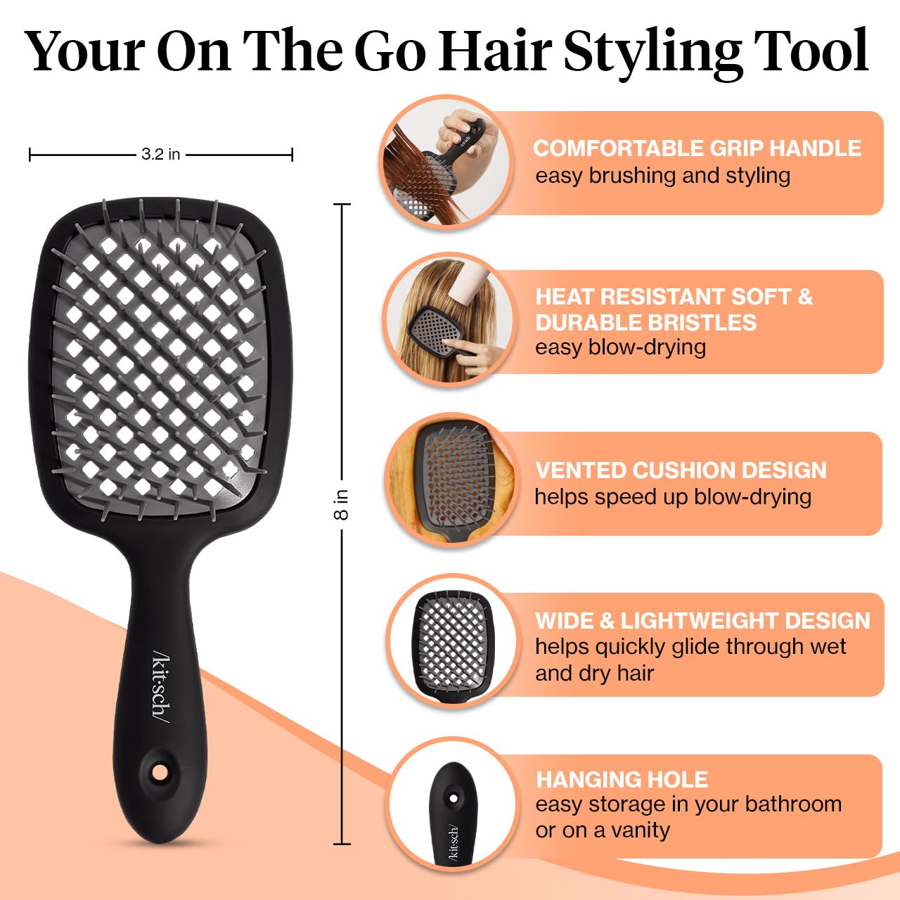 Kitsch Lightweight Vented Hair Brush Detangler for Women Men & Toddlers, Black - Image 2