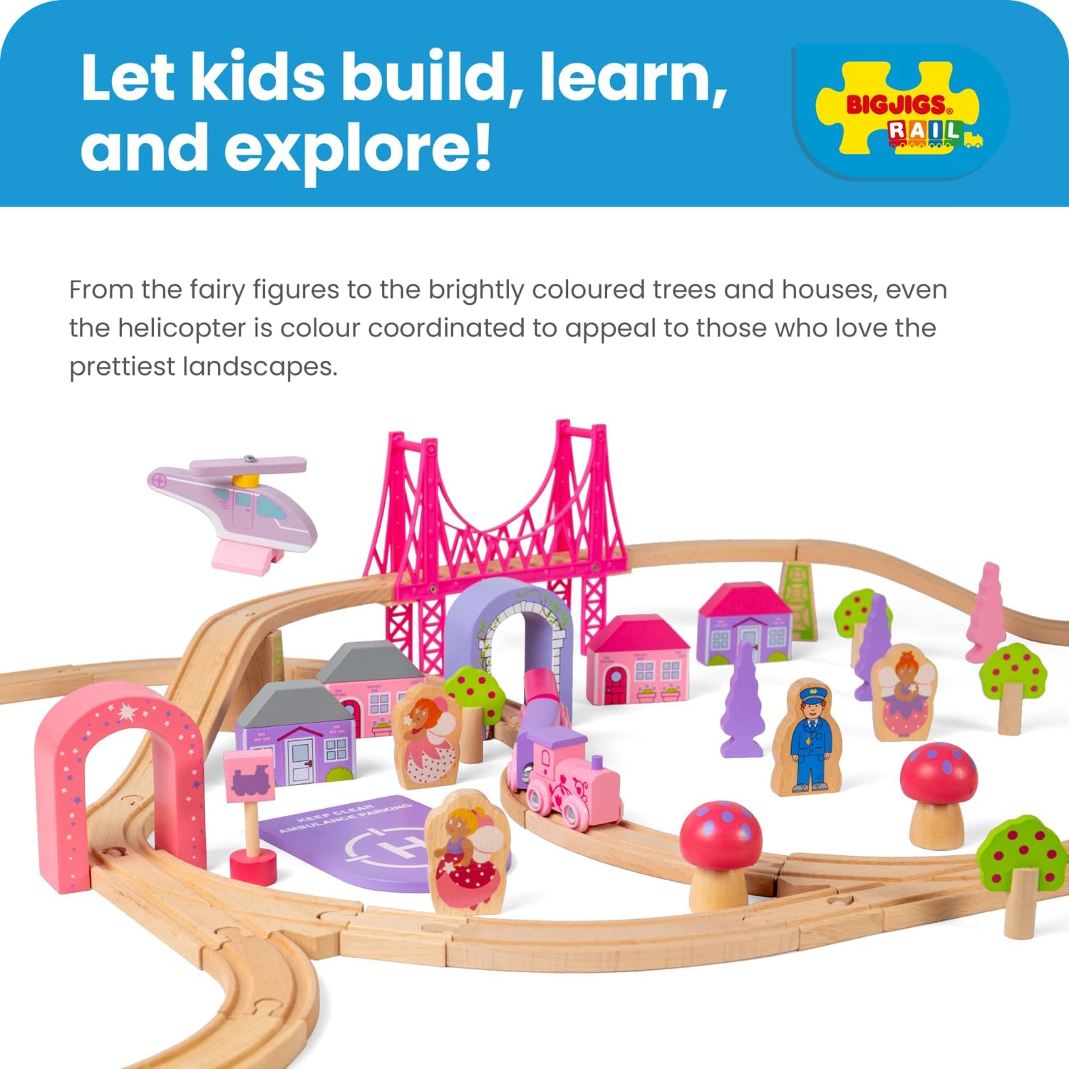 Bigjigs Rail Fairy Town Wooden Train Set | Railway Toy for Kids Age 3+ | Wood Track with Model Fairytale Village | Comes with Pink Wood Accessories & Figures | Educational Gift for Girls and Boys - Image 5
