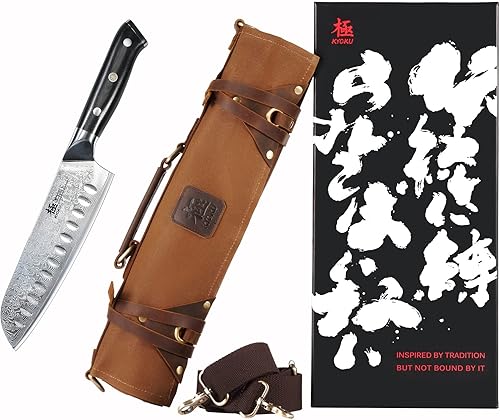 KYOKU Shogun Series Santoku Knife + cuchillo de chef profesional marrón rollo bolsa