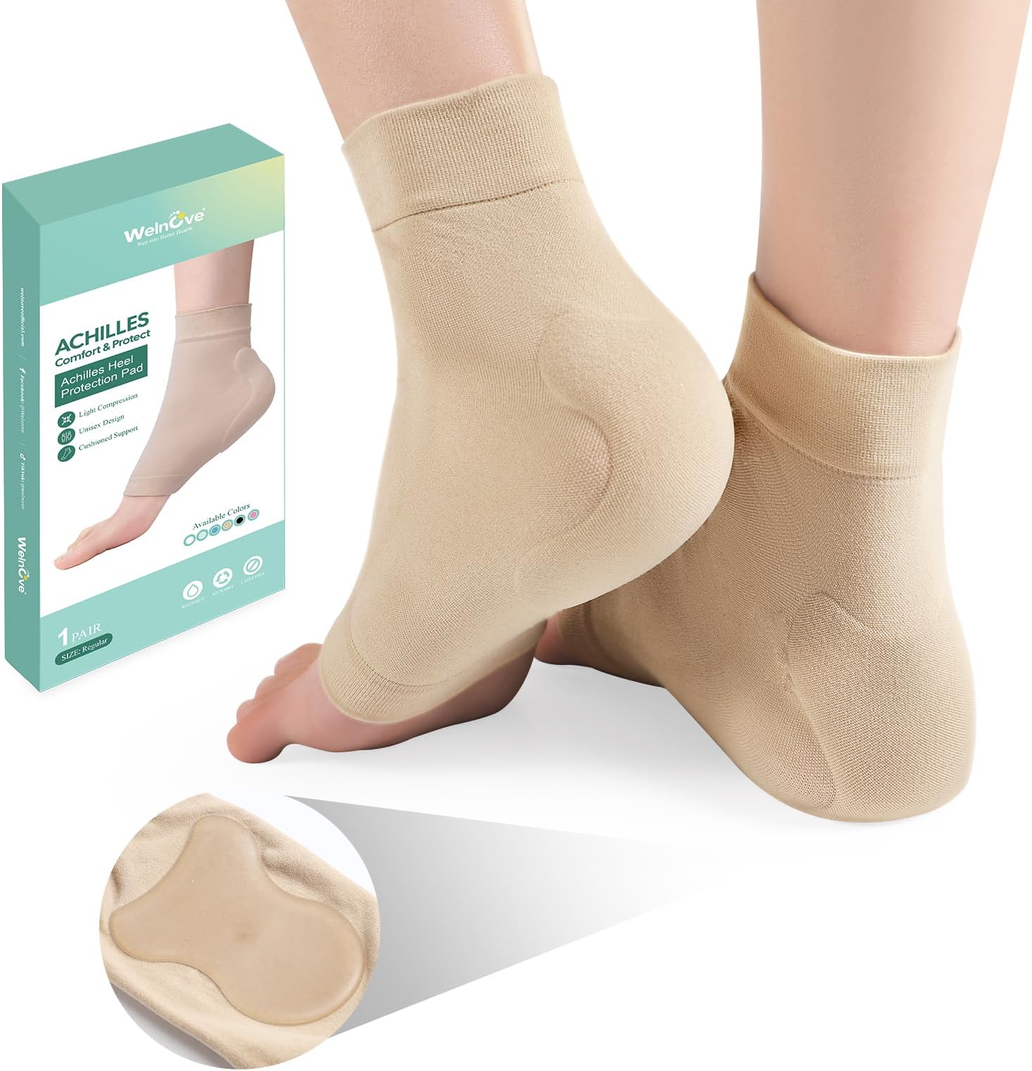 Welnove Achilles Tendonitis Heel Protector Socks - Achilles Tendon Support Compression Gel Padded Sleeve Socks for Cushion & Protection of Bursitis, Tendonitis, Tenderness, Dry Cracked - Regular