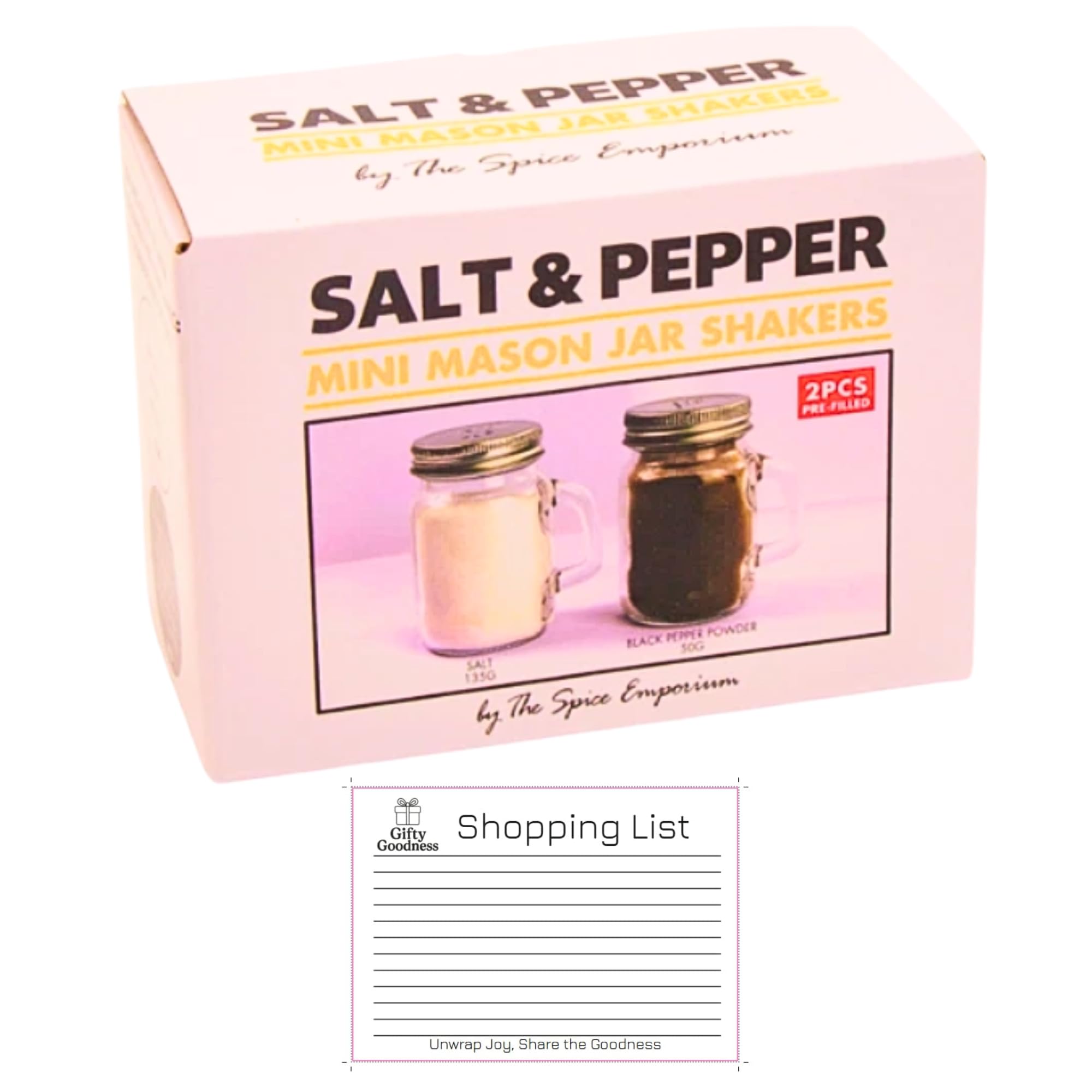 Mini Salt & Pepper Pre-Filled Glass Mason Jar Shakers by Spice Emporium | Tabletop Seasoning Set | Includes Gifty Goodness Shopping List