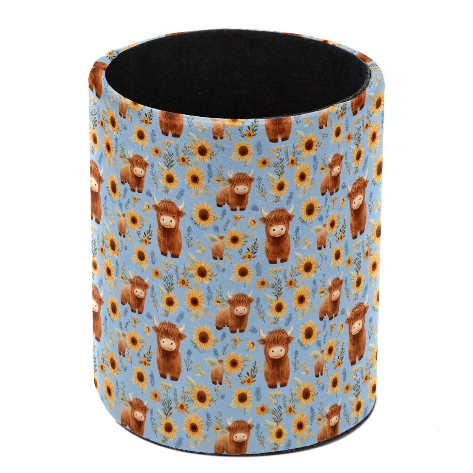HEOEH Highland Cow Sunflower Pen Holder for Desk, PU Leather Pencil Holder Pen Cup Marker Holder Makeup Brush Holders, Desk Accessories & Workspace Organizers for Home, Office