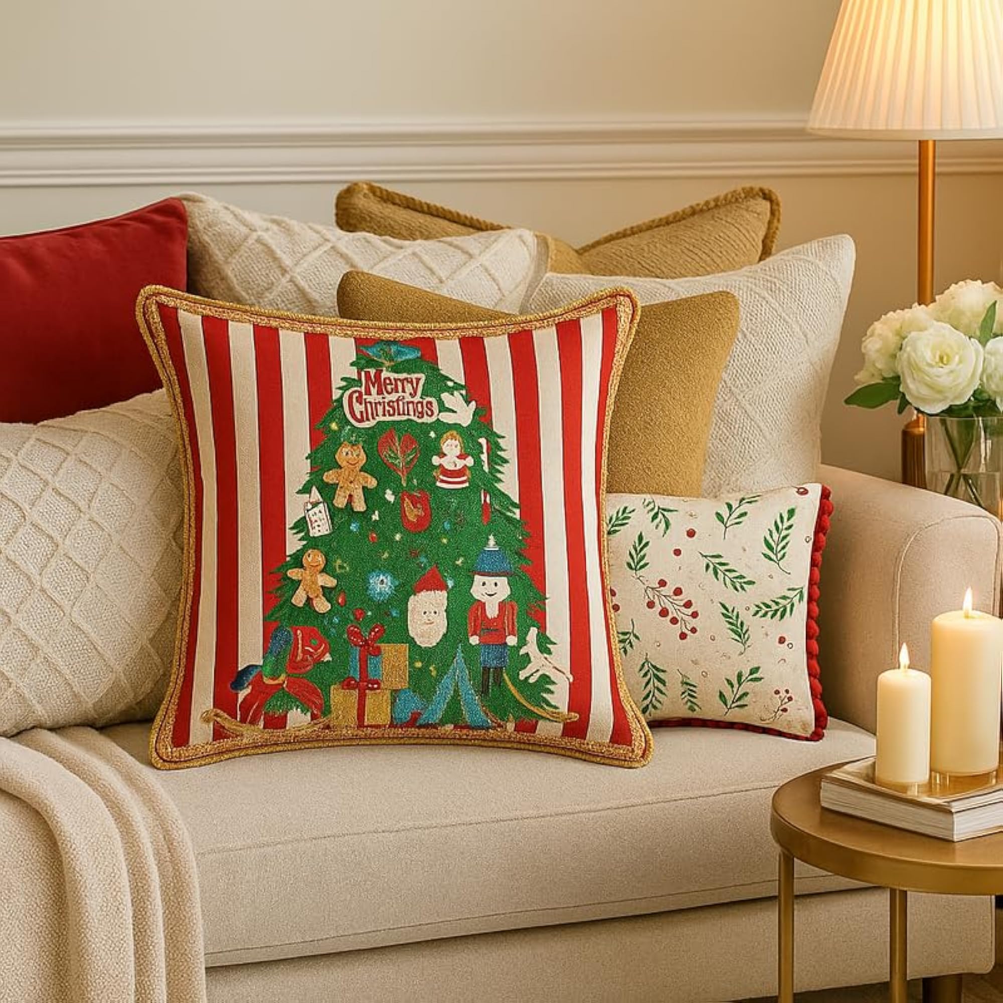 Christmas Tree Cushion Cover Red Striped