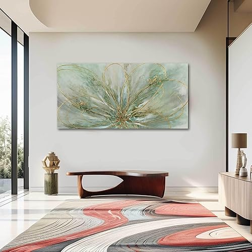 Miniatura 7 de YJYart Arte abstracto para pared, pintura al óleo pintada a mano verde y dorado, pintura al óleo botánica de flores, imagen grande para sala de