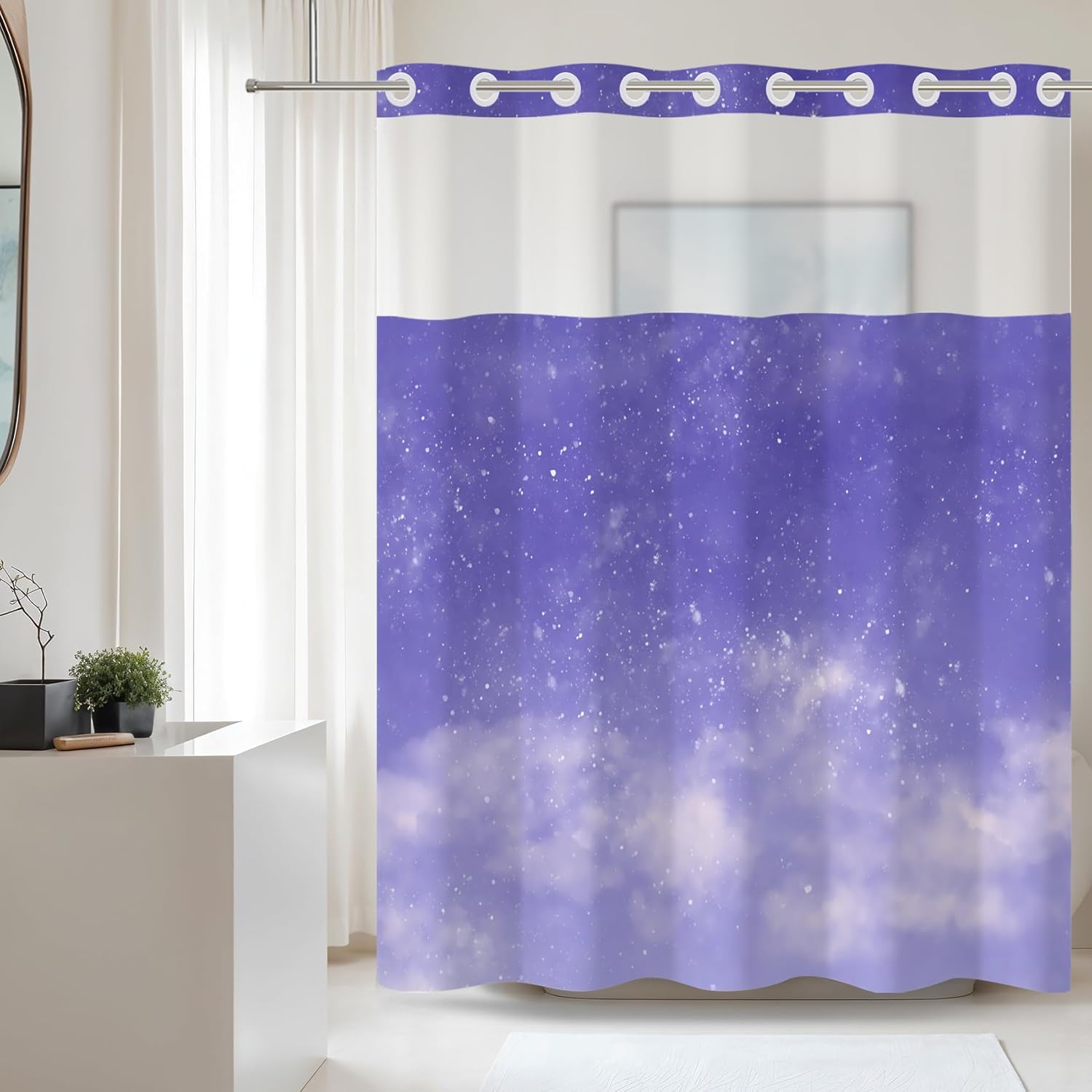 Baocicco Purple No Hook Shower Curtain Set for Kids Girls Bath Abstract Minimalist Stylish Fabric Bathroom Curtain with See-Through Top Window Modern Hotel Style Shower Curtain 71x74 Inch