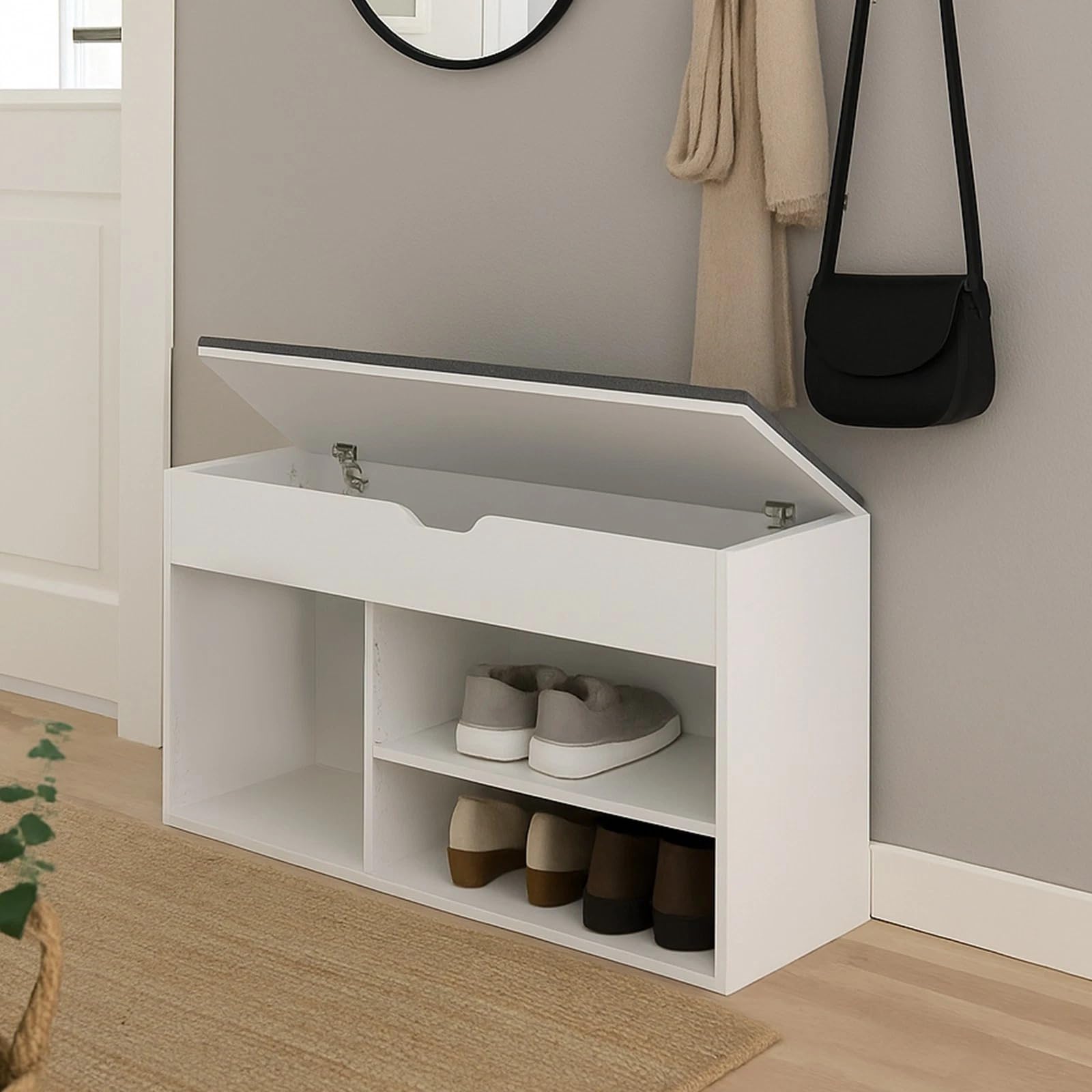 MAKA Scarpiera Panca Ingresso con Seduta, Cassapanca con Cuscino Imbottito L103xP30xA45, Capacità Seduta 150 Kg, 4 Scomparti a Scaffale, Legno Resistente (Bianco XL)