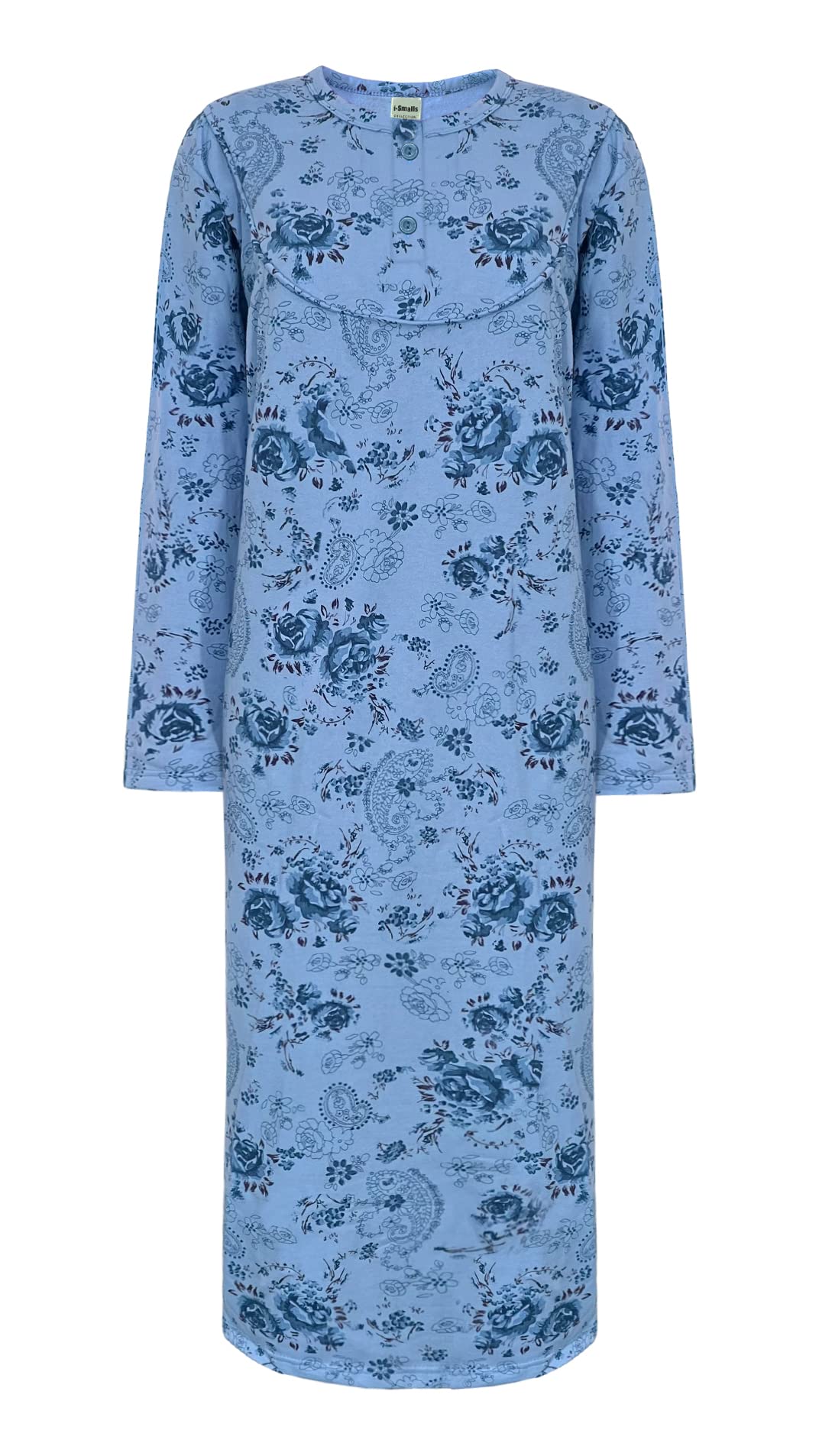 I-Smalls Women's Blue Rose Floral Nightdress 100% Cotton Long Sleeve Thermal Nightie Chemise(3Xl)