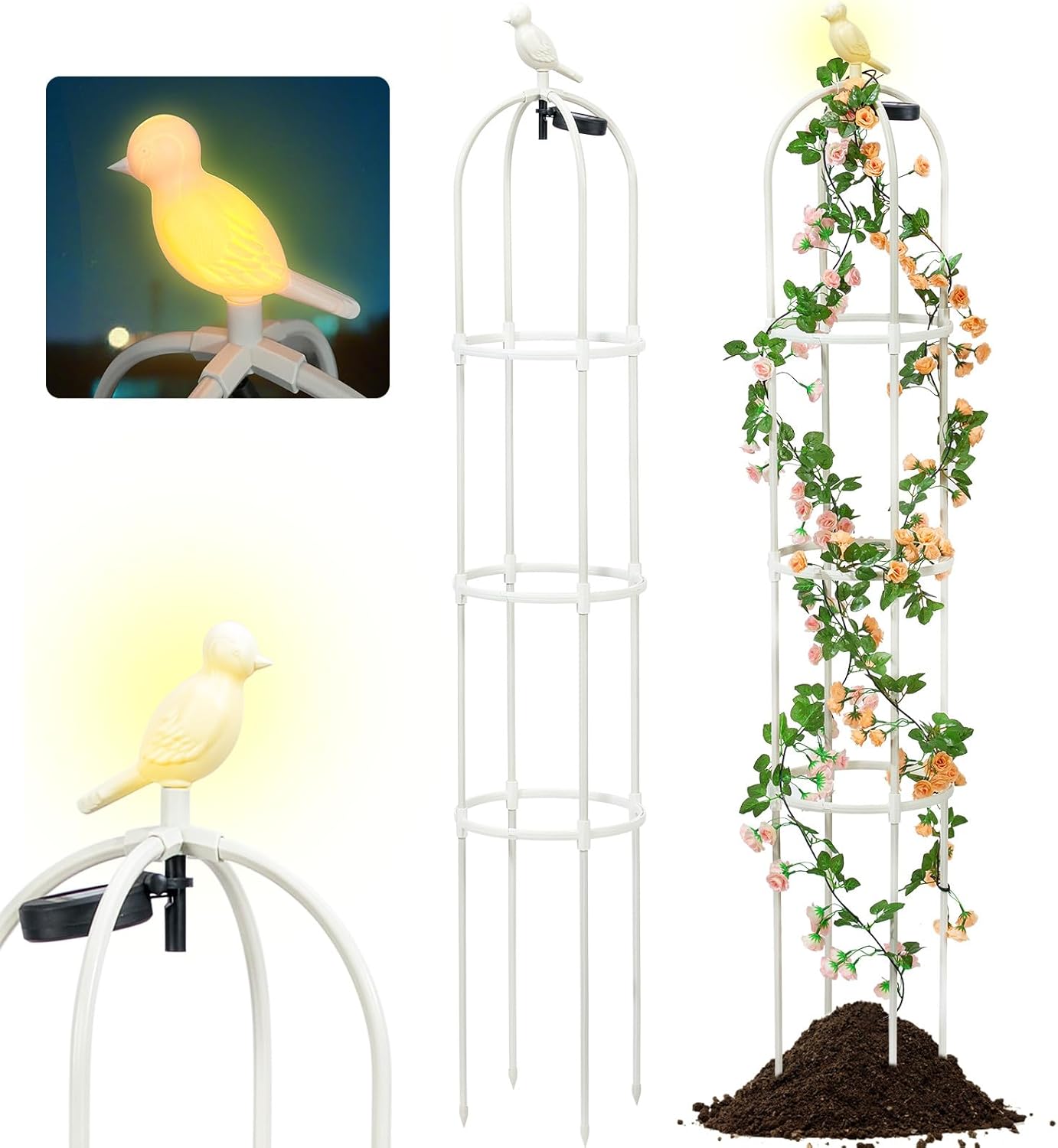 Round Bird Head Metal Garden Obelisk Trellis for Climbing Plants Outdoor with Auto Sensor Solar Light Rustproof Tomato Plant Support for Raised Beds Vines Cucumbers Tomato Cage