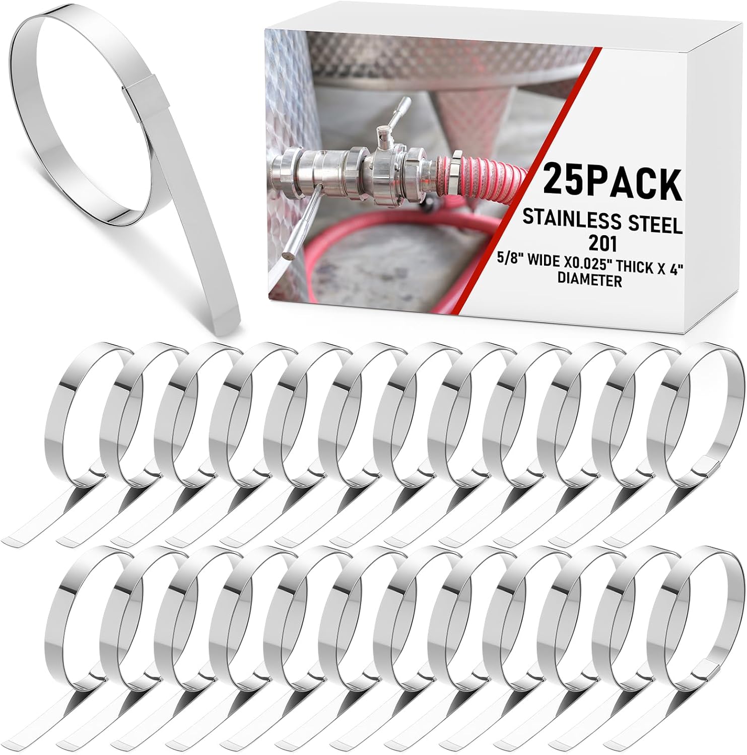 Duraaamo 25 Pack 5/8" Wide x 2-1/2" Diameter x 0.025" Thick Center Punch Clamps Band Hose Clamps 201 Stainless Steel Pre-formed for Hose Ducting Pipe Cable Management & More