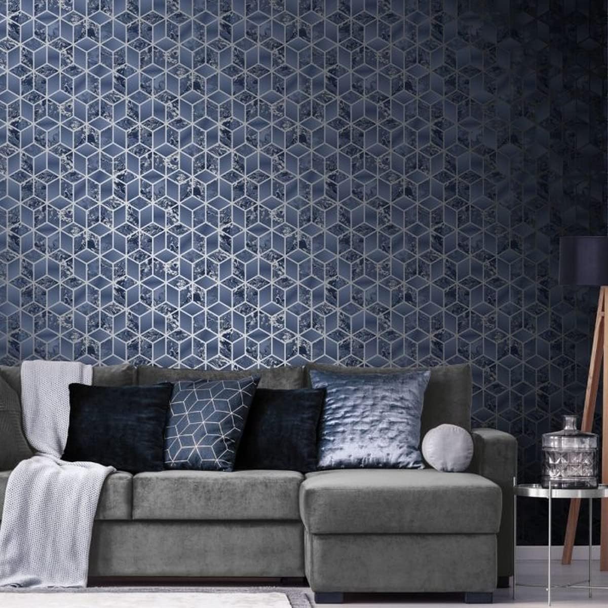Muriva Elixir Cube Blue Silver Wallpaper 166512 - Metallic Geometric Marble