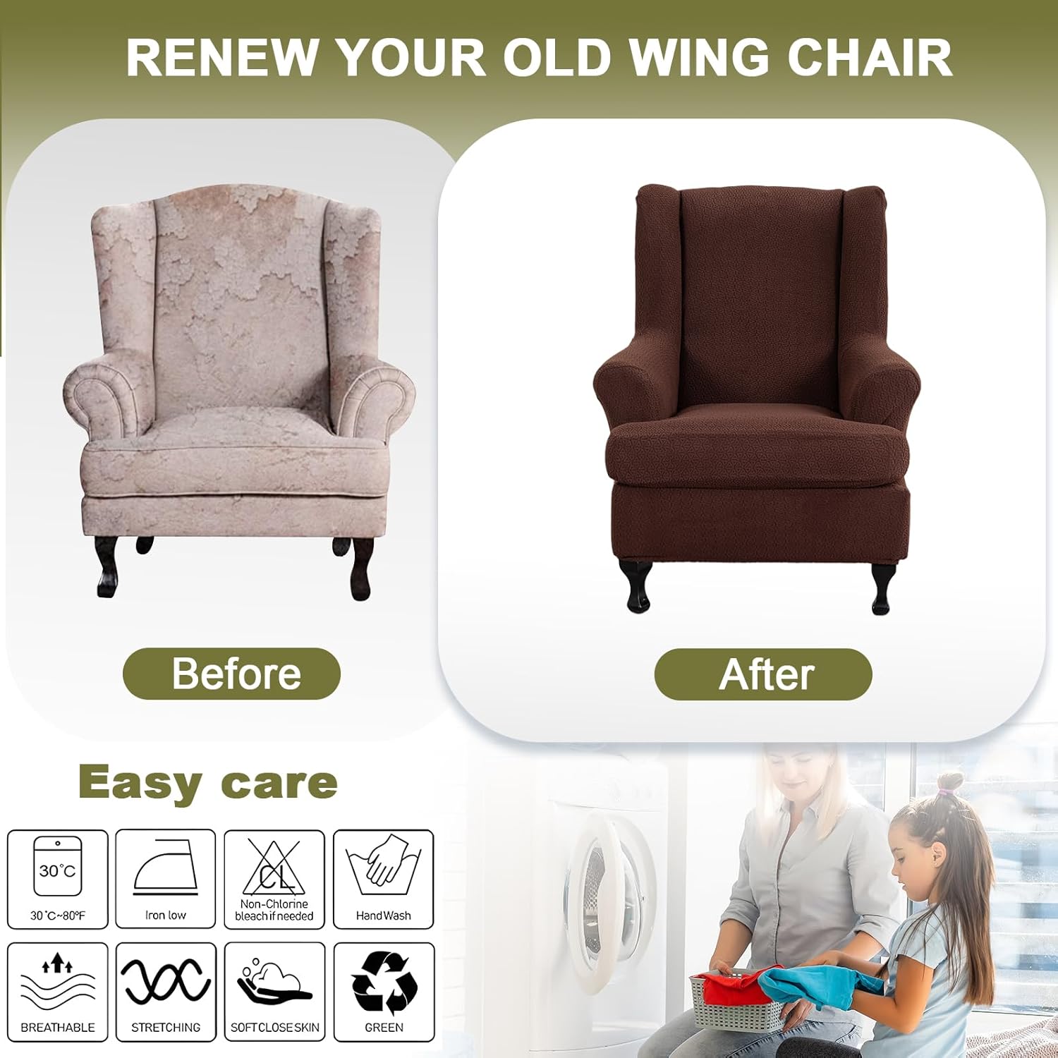 NILUOH Stretch Wingback Chair Slipcover 2-Piece Wing Chair Slipcovers Sofa Cover Furniture Protector Soft with Elastic Bottom, Spandex Jacquard Fabric,Coffee