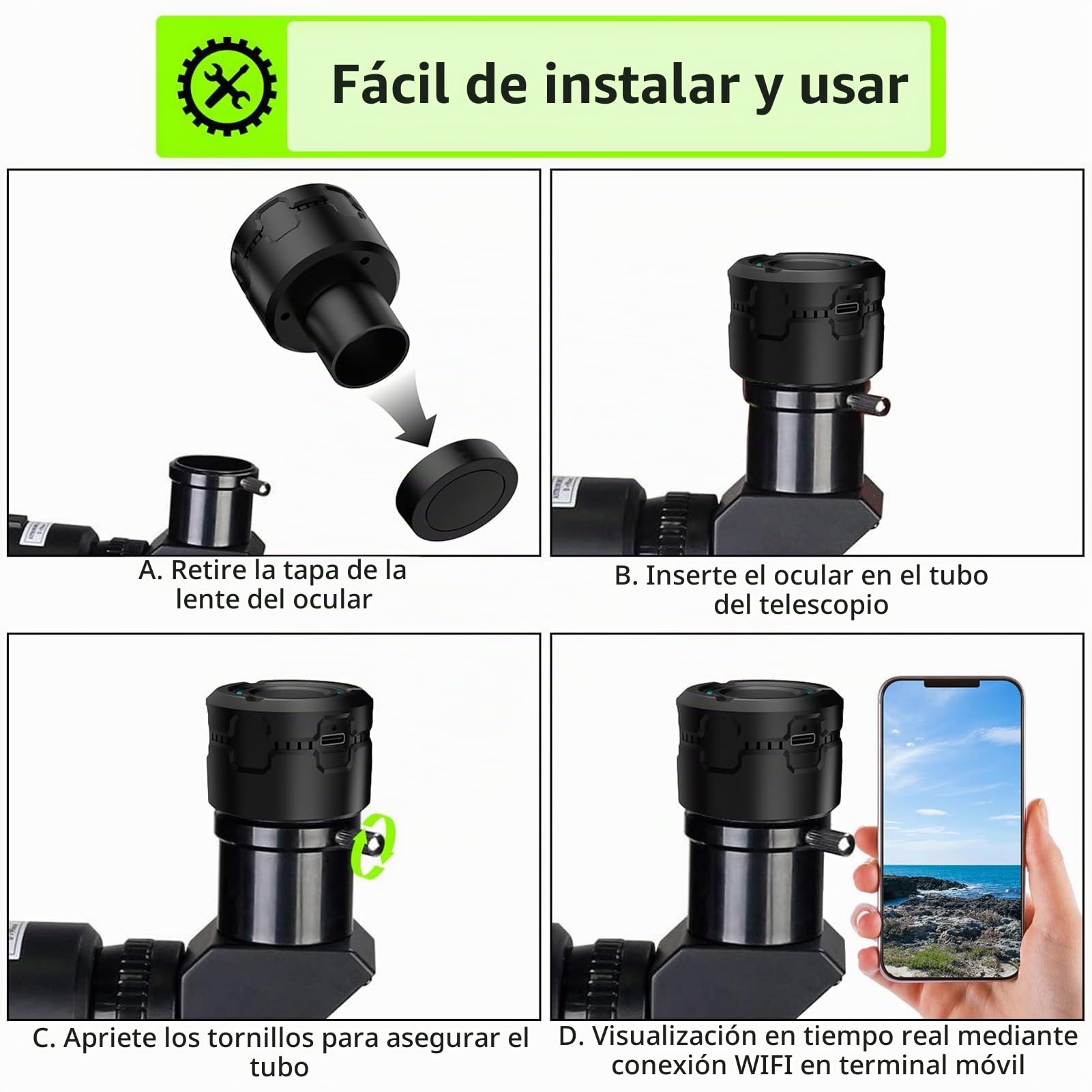 Ocular digital inalámbrico WiFi para telescopio, cámara con grabación de video 4K, toma de fotos, batería incorporada, ocular electrónico para telescopio