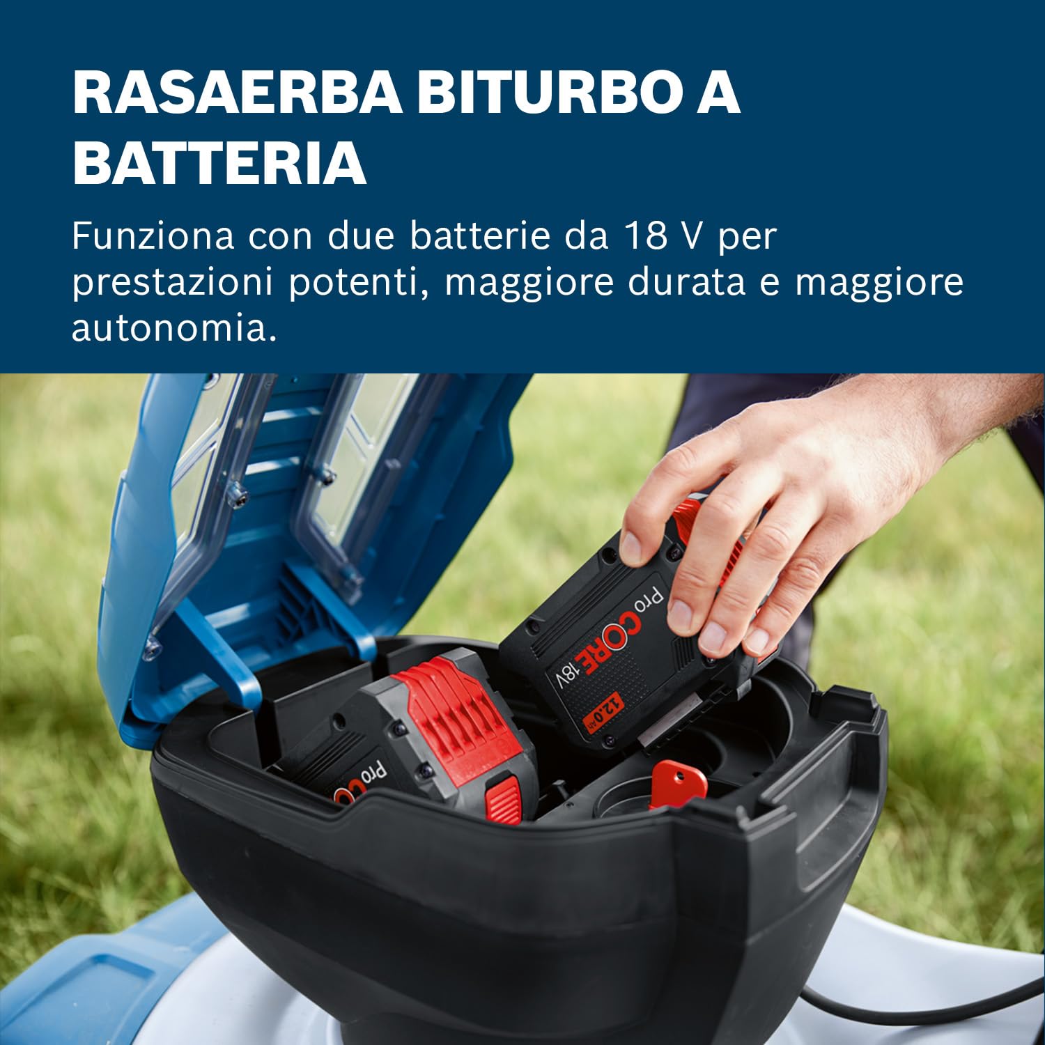 Bosch Professional 18V System Tagliaerba/Tosaerba a batteria GRA 18V2-46 (larghezza di taglio: 46 cm, 6 regolazioni altezza taglio, sacco raccoglierba tessuto 60 l, 2 chiavi di isolamento)