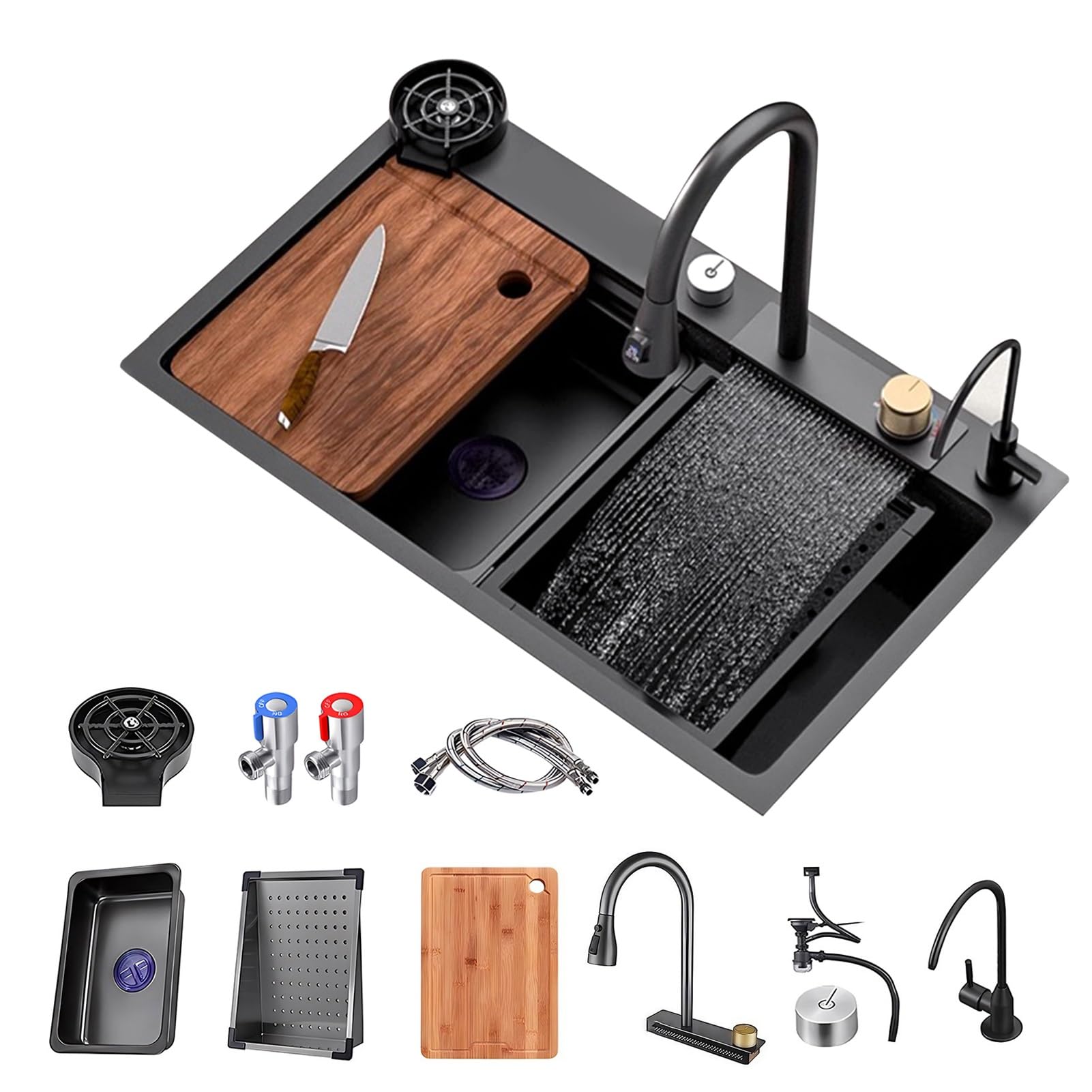 ZQFHSX Waterfall Kitchen Sink, With Pull Out Faucet, 304 Stainless Steel Bar Multifunctional Workstation RV Cup Washer And Drain Accessories (Size : 75x46x22cm)