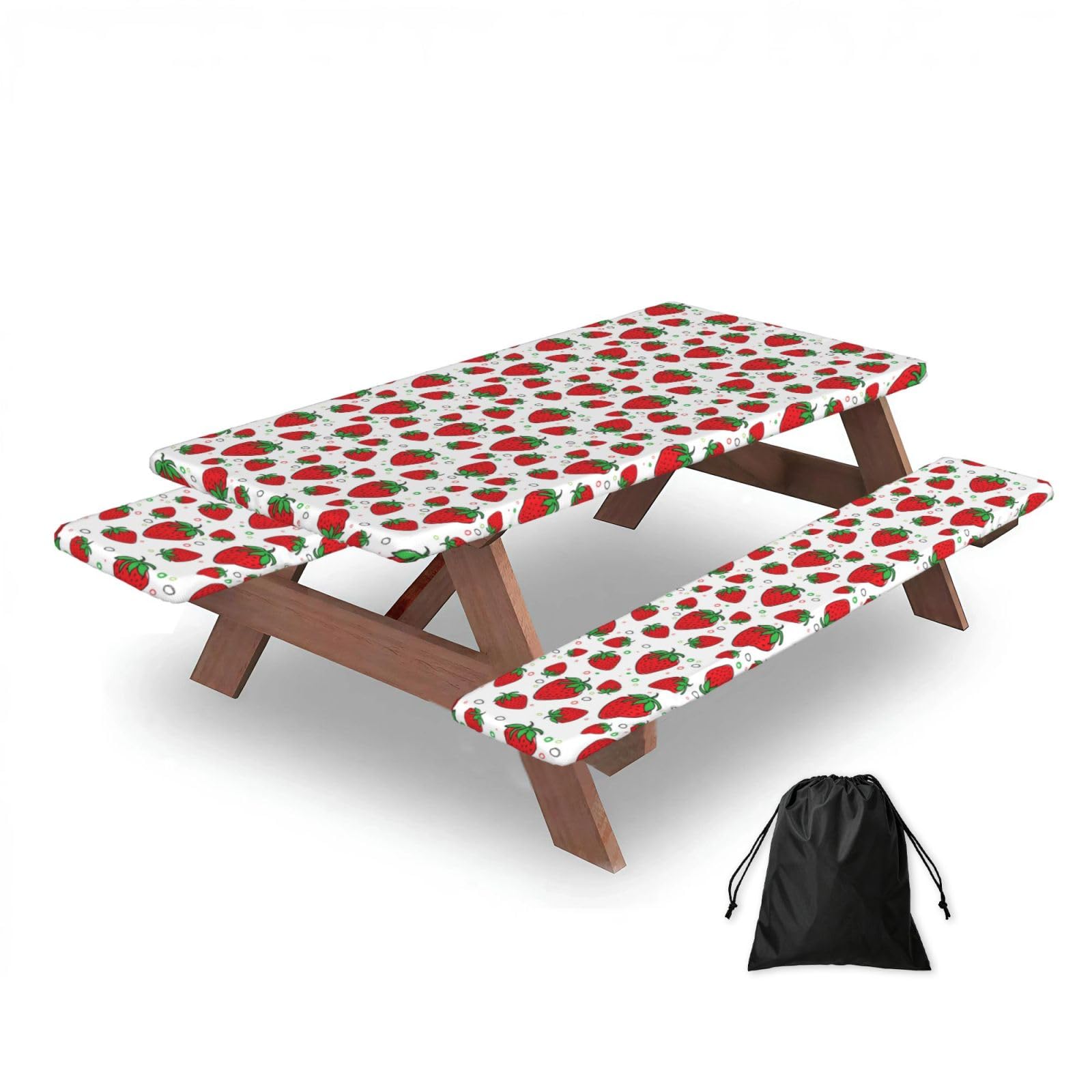 Dopklna As Picture Strawberry, Picnic Table Cover With Bench Covers -Waterproof Elastic Fitted Tablecloth For Garden Camping Patio 76X152cm
