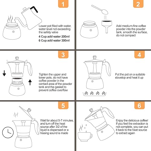 Miniatura 9 de Olla de plástico transparente para 6 tazas, 10.1 fl oz, cafetera de acero inoxidable sin recubrimiento, cafetera espresso italiana, estilo clásico,