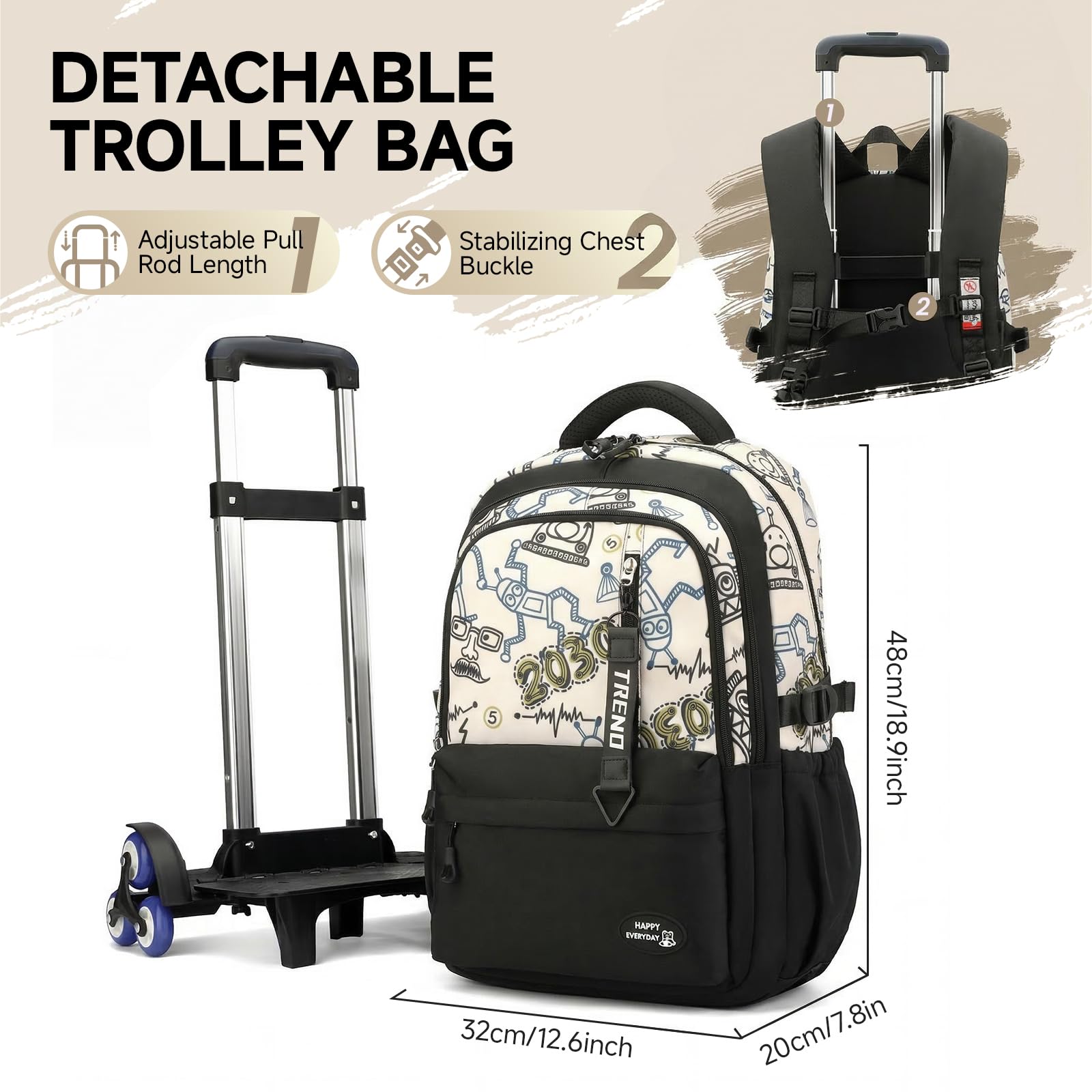 Amythe Cartable à Roulettes Ado Garçon 10-24 Ans – Sac à Dos Trolley 6 Roues pour Collège Lycée – Grand Sac de Voyage pour Ordinateur 15.6 Pouces – Rentrée Scolaire, Noël