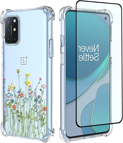 Funda para teléfono OnePlus 8T 5G, OnePlus 8T+ 5G KB2000 con protector de pantalla, funda transparente con patrones de jardín de flores, funda
