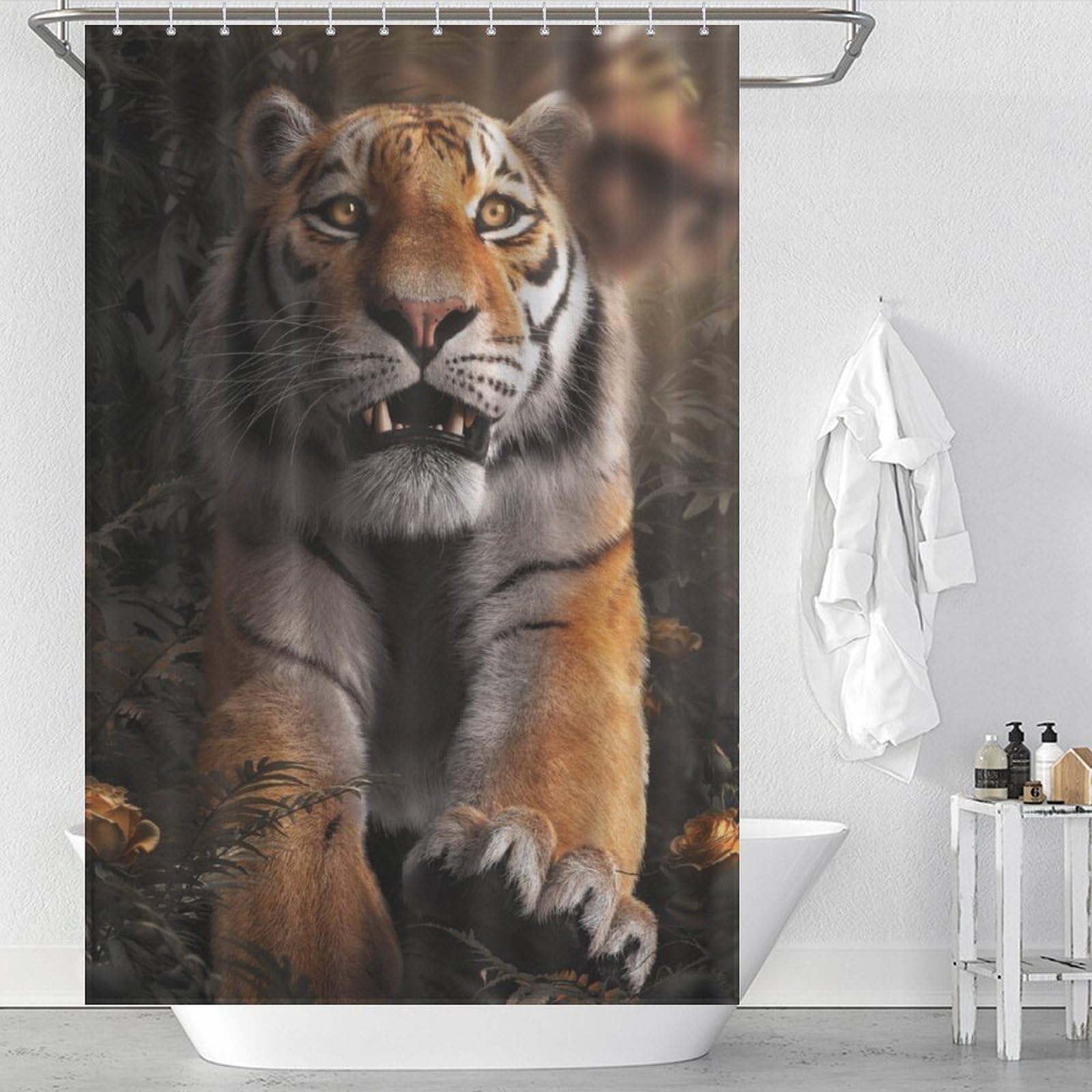 Rideau de douche épais contre l'humidité Toile de Jouy tigre pour petite salle de bain