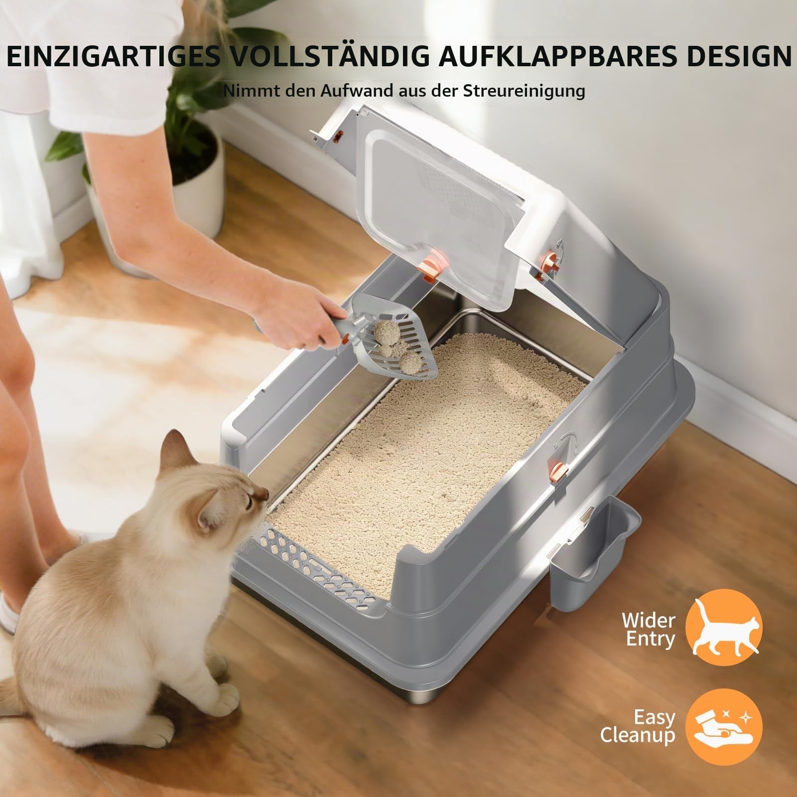 Edelsthal Katzenklo, Geschlossene Katzentoilette mit Deckel | Hochrandigem Auslaufsicherem Design, Leicht zu Reinigen, inklusive Schaufel & Pedal -Grau, L