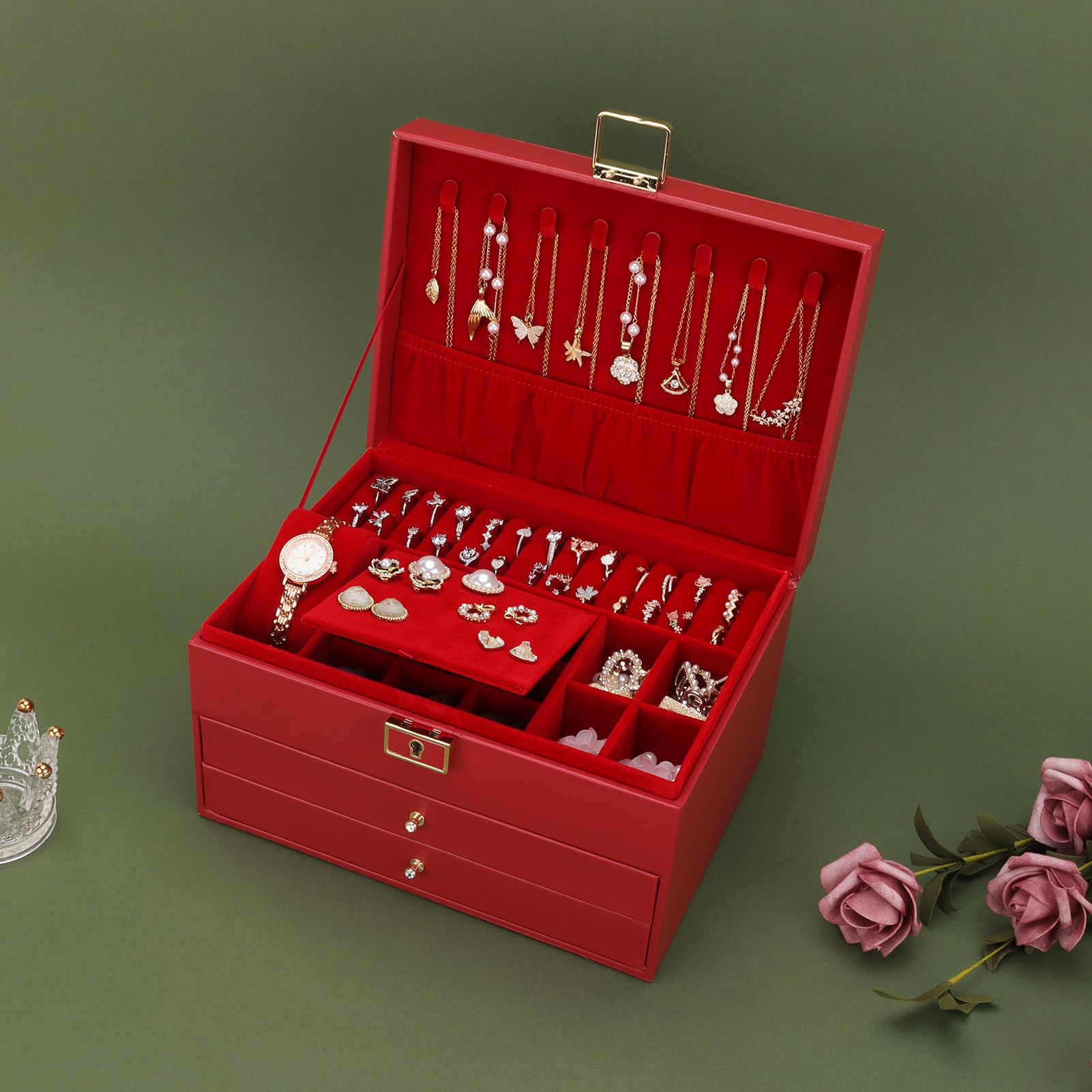 DesignSter Portagioie in pelle con serratura, 2 cassetti, 3 strati custodia per collane, orecchini, bracciali, anelli - rosso