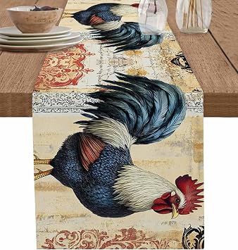 DecorLovee Navy Blue Vintage Rooster Table Runners 108 Inches Long, Watercolor Animals Farmhouse Table Runner Dress Scarves, Decorative Coffee Tablerunner for Kitchen Island/Party Decor 13"x108"