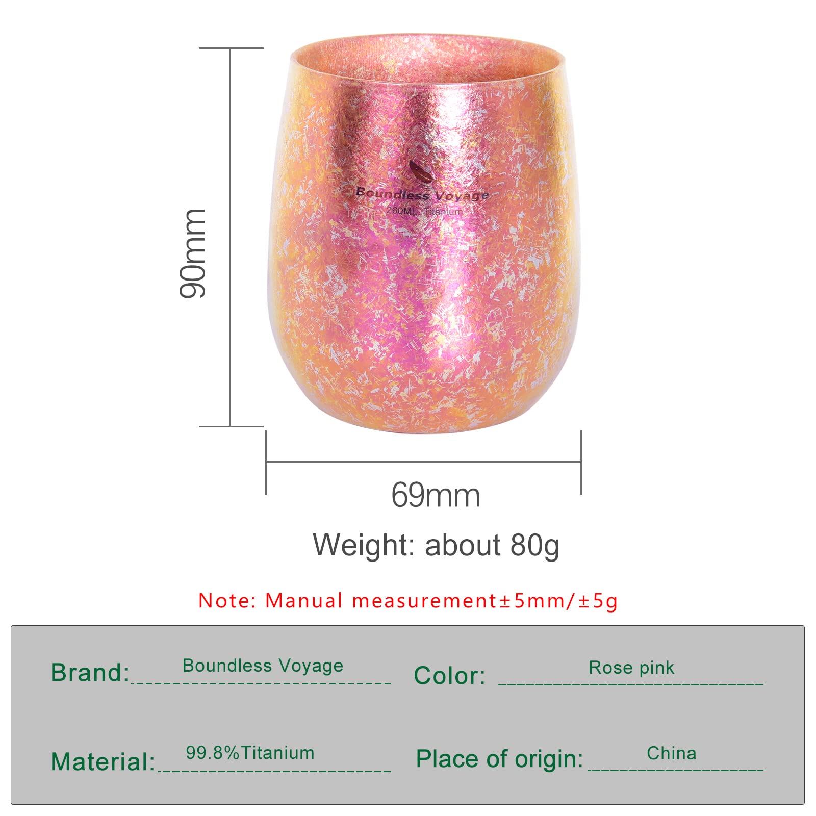 iBasingo Tasse à thé colorée en titane double couche anti-brûlure de 260ml avec fleur de glace pour eau thé vin bière Ti3084D (rose)