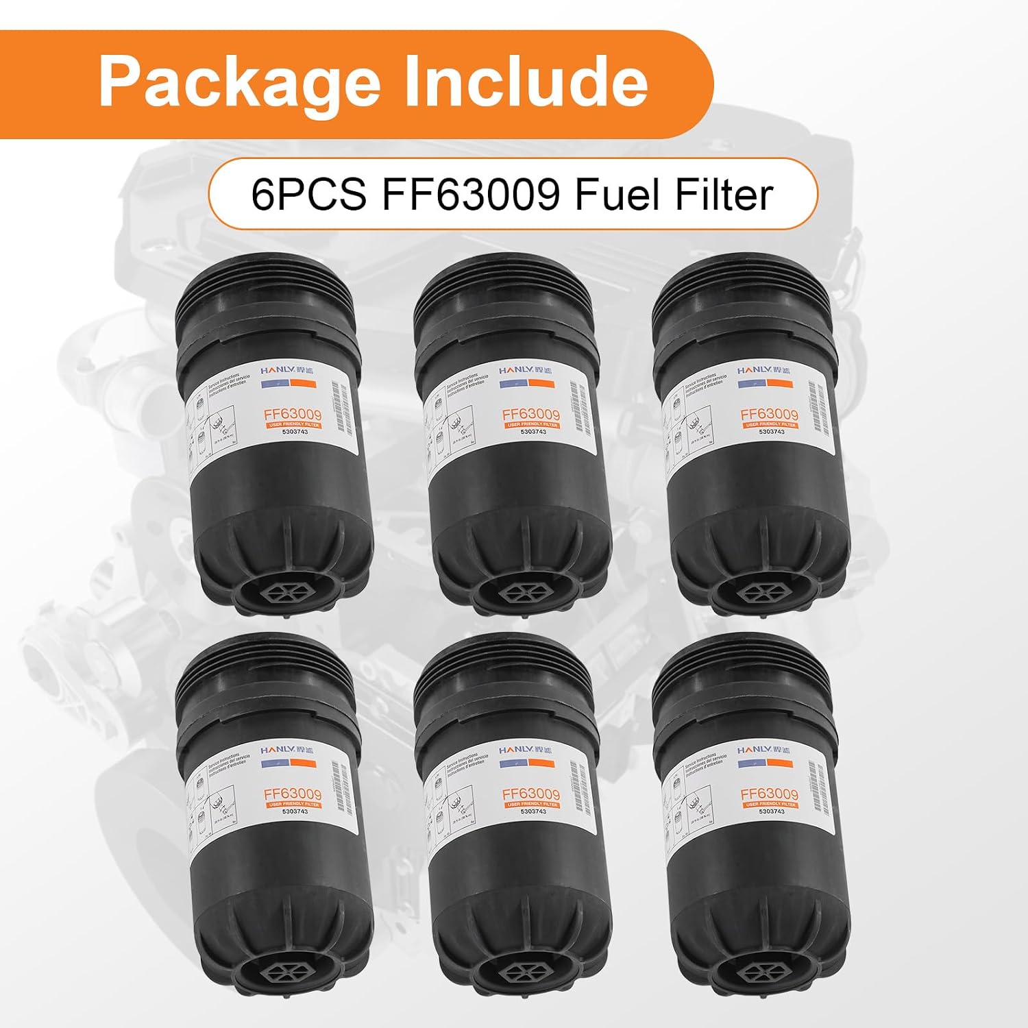 DICMIC FF63009 Fuel Filter, Replacement for 2013-2020 Cummins B-Series and L-Series Diesel Engines, Water Separator 10 Micron Replace# 5303743, FF63008, FH22168, 6Pcs