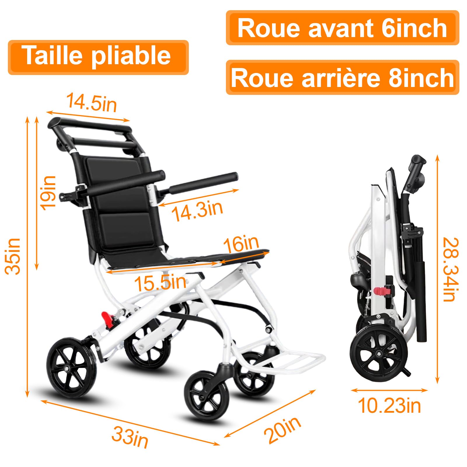 Fauteuil roulant pliable léger en alliage d’acier carbone, chaise roulante avec guidon pivotant 360°, roues PU, compact pour voyage, pour personnes âgées et handicapées