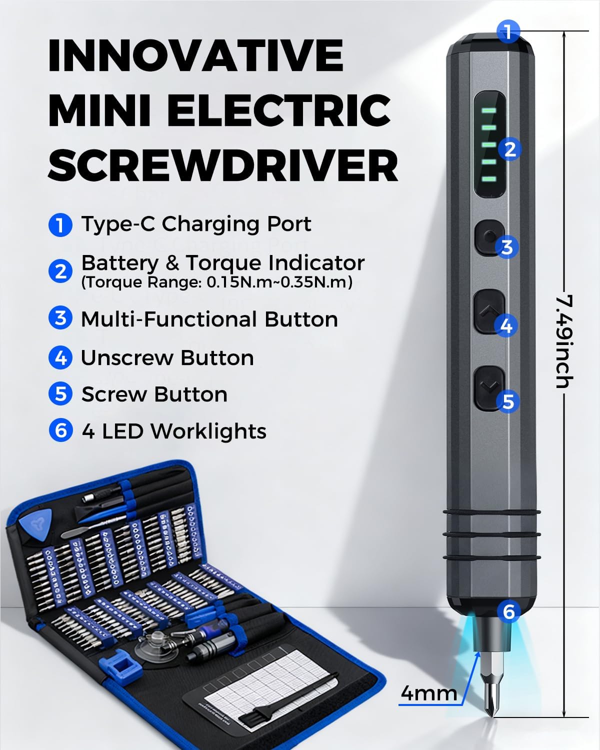 Mini Electric Screwdriver Set 140-IN-1: UnaMela Small Electric Screwdriver Cordless - 120 Precision Bits, 5 Torque Settings, LED Light, Magnetic Power Screwdriver Repair Tool Kit for PC RC Electronics - Image 2