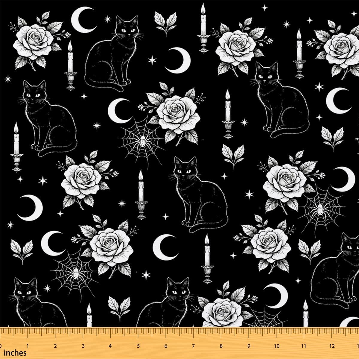 Feelyou Halloween Decor Fabric by The Yard Rose Upholstery Fabric Black Cat Waterproof Indoor Outdoor Decor for DIY Sewing Craft Projects 5 Yards