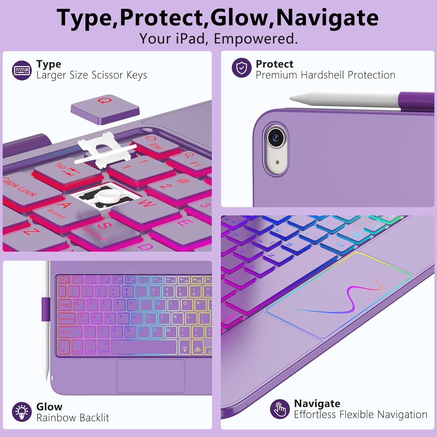 for iPad A16 11th Generation/10th Generation Case with Keyboard,Touch Keyboard for iPad 11" /10th Gen 10.9 inch 2022-10 Color Backlight, 360° Rotatable Protective Cover (Purple)