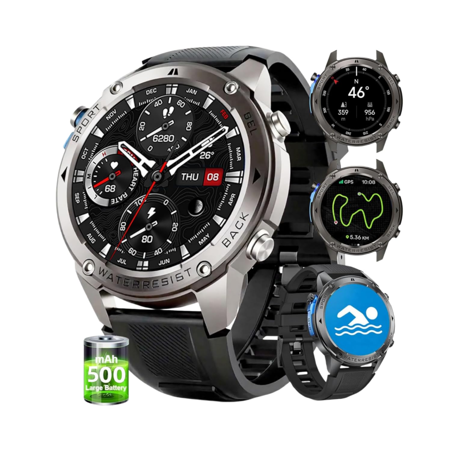 AIEK Smartwatch da Uomo, GPS Orologio Sportivo,65 Giorni Standby,5ATM Impermeabile per Nuoto, Chiamate Bluetooth, Fitness Tracker 170+ Sportive, Sonno Bussola,Compatibile iOS Android (Nero)