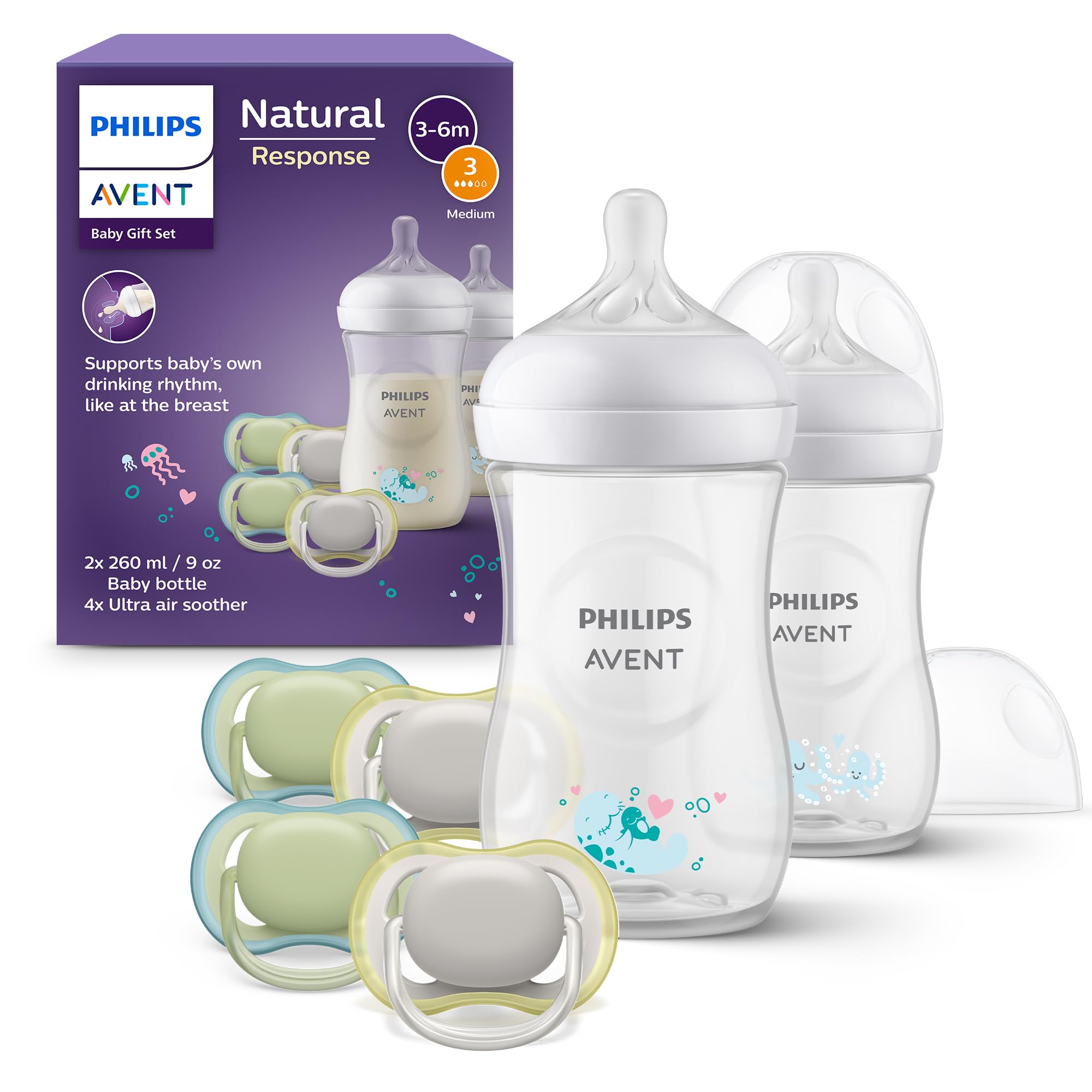 Philips Avent Natural Response-cadeauset voor baby's, Natural Response-babyfles van 4 oz/125 ml met T2 (0m speen), Ultra Air-fopspeen, model SCD837/10