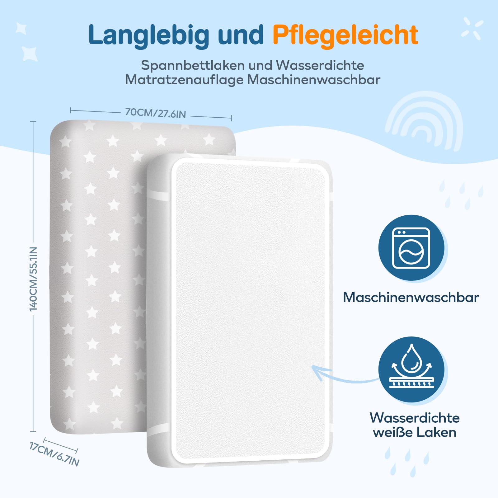Baby Spannbettlaken 70 x140cm, 3er Set Spannbetttuch für Babybett & Kinderbet, 2X Spannbettlaken Oeko-Tex Standard 100, 1X Matratzenschoner aus 100% wasserdichtem (Wal + Grauer Stern)