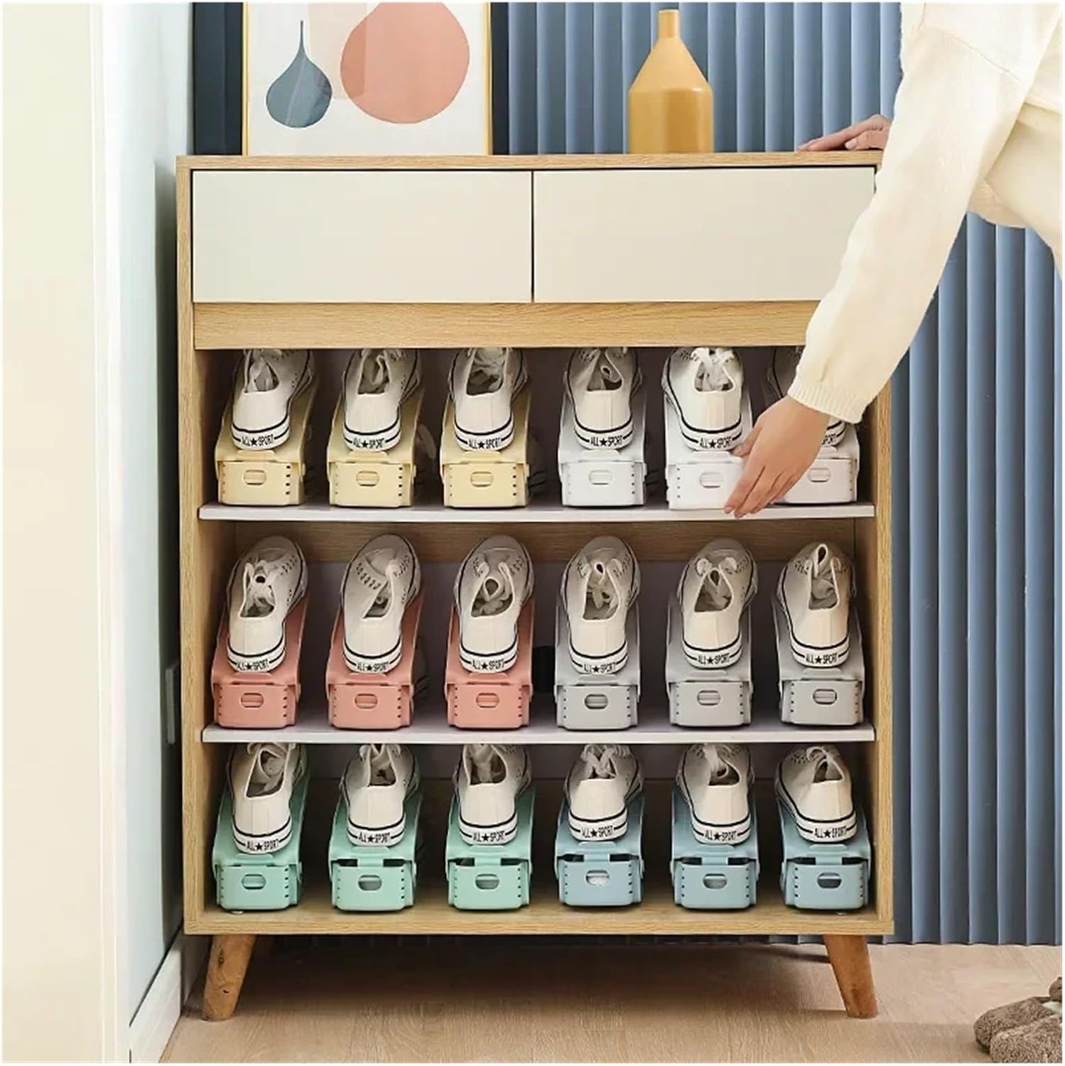 Compatible for 10Pcs Shoe Stacker Adjustable Slots Organizer Shoes Space Saver Double Deck Rack Holder(XHSX-Green-10PCS)