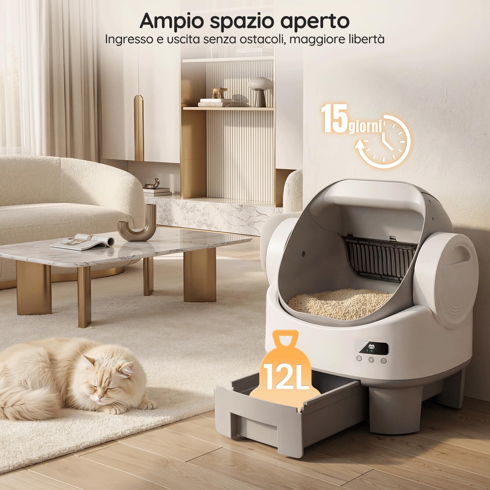 Lettiera Gatto Autopulente con APP, Lettiera autopulente per gatti di base | Sistema di Autoinversione, Sensori Multipli, Cassetto Feci 12L per 10 Giorni, per Gatti da 1.5 a 10kg, con Pedana e Tappetino