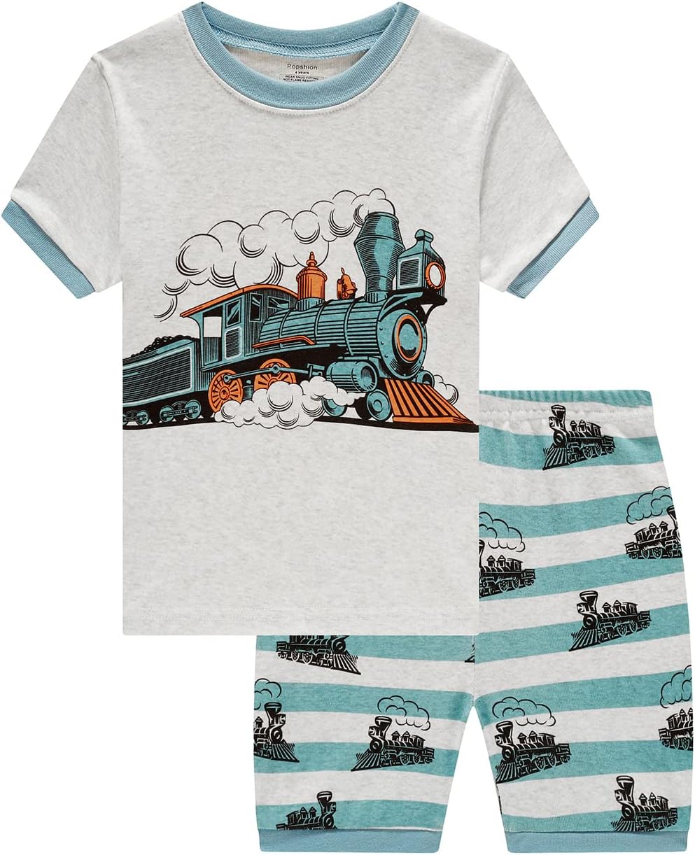 Popshion Boys Pajamas 100% Cotton Toddler Clothes Summer Pjs for Boy Planet Dinosaur Sleepwear Kids Short Sets 2-10 Years