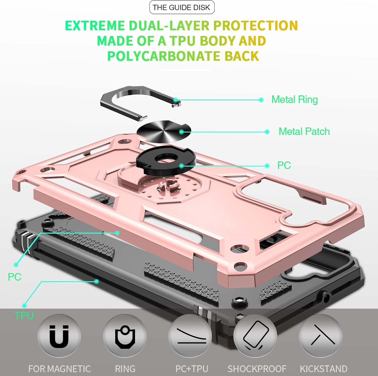 Galaxy S22 Case, Samsung S22 Case with HD Screen Protector, Gritup [Military-Grade] Magnetic Ring Holder Kickstand Shockproof Protective Phone Case for Samsung Galaxy S22, Rose Gold