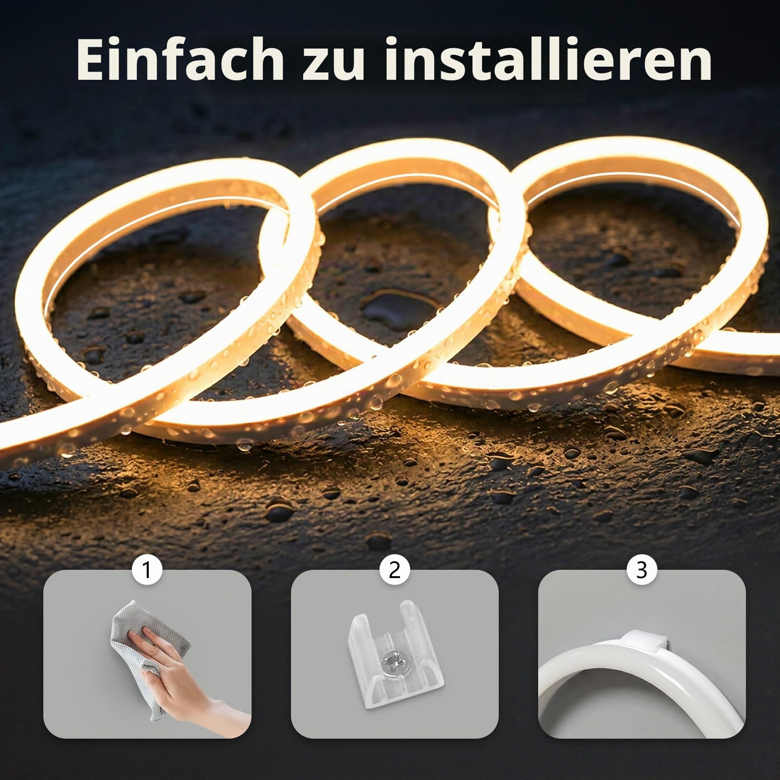 10m Silikon Neon LED Streifen Aussenbereich 230V Direktanschluss Wasserdicht Feuerfest IP65 Led Strip Warmweiss 3000K LEDs Schlauch Außen Flexibler Lichtband mit Netzteil für Küche, Outdoor