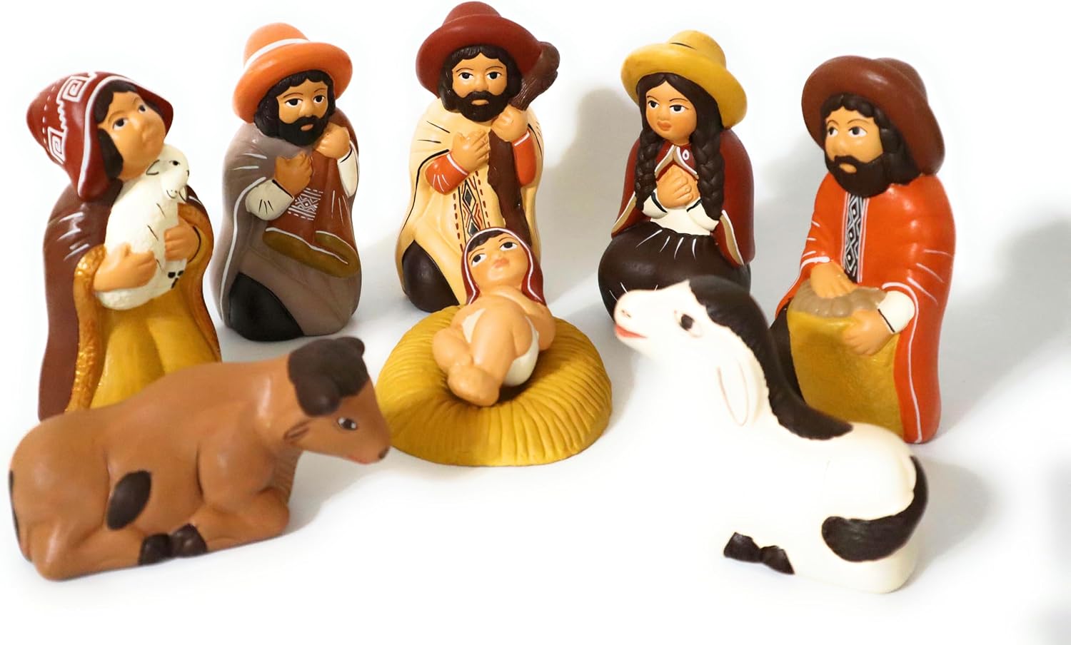 Nativity Set Christmas Decor Ceramic Terracotta Colors, Peruvian Handmade Pottery Folk Art Nacimiento Small Scene 5" Tall Set of 8 Pieces.