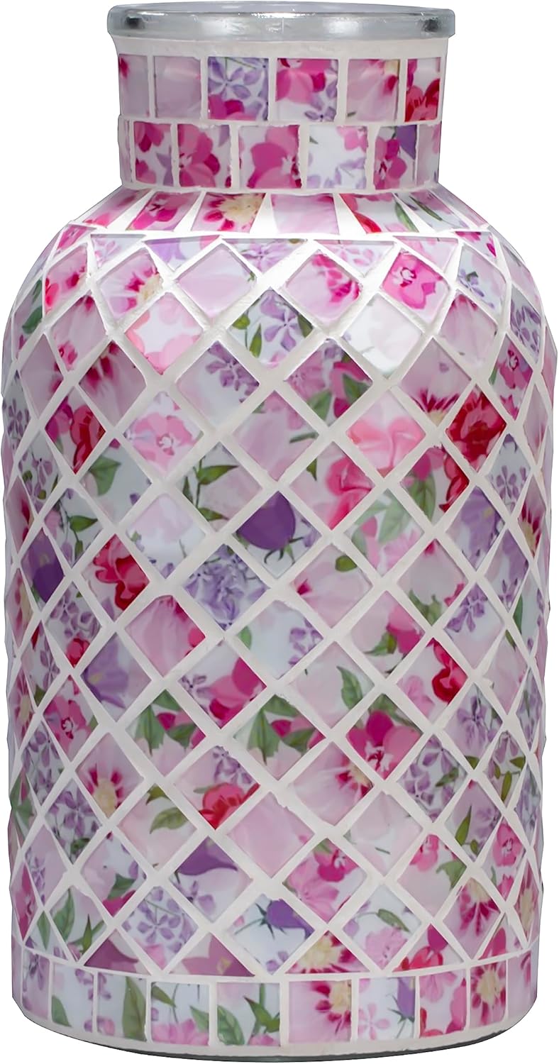 7.9" H Pink Mosaic Glass Vase, Decorative Flower Vase, Modern Midsize Decor for Bedroom, Living Room, Kitchen, Office, Wedding - Unique Gift