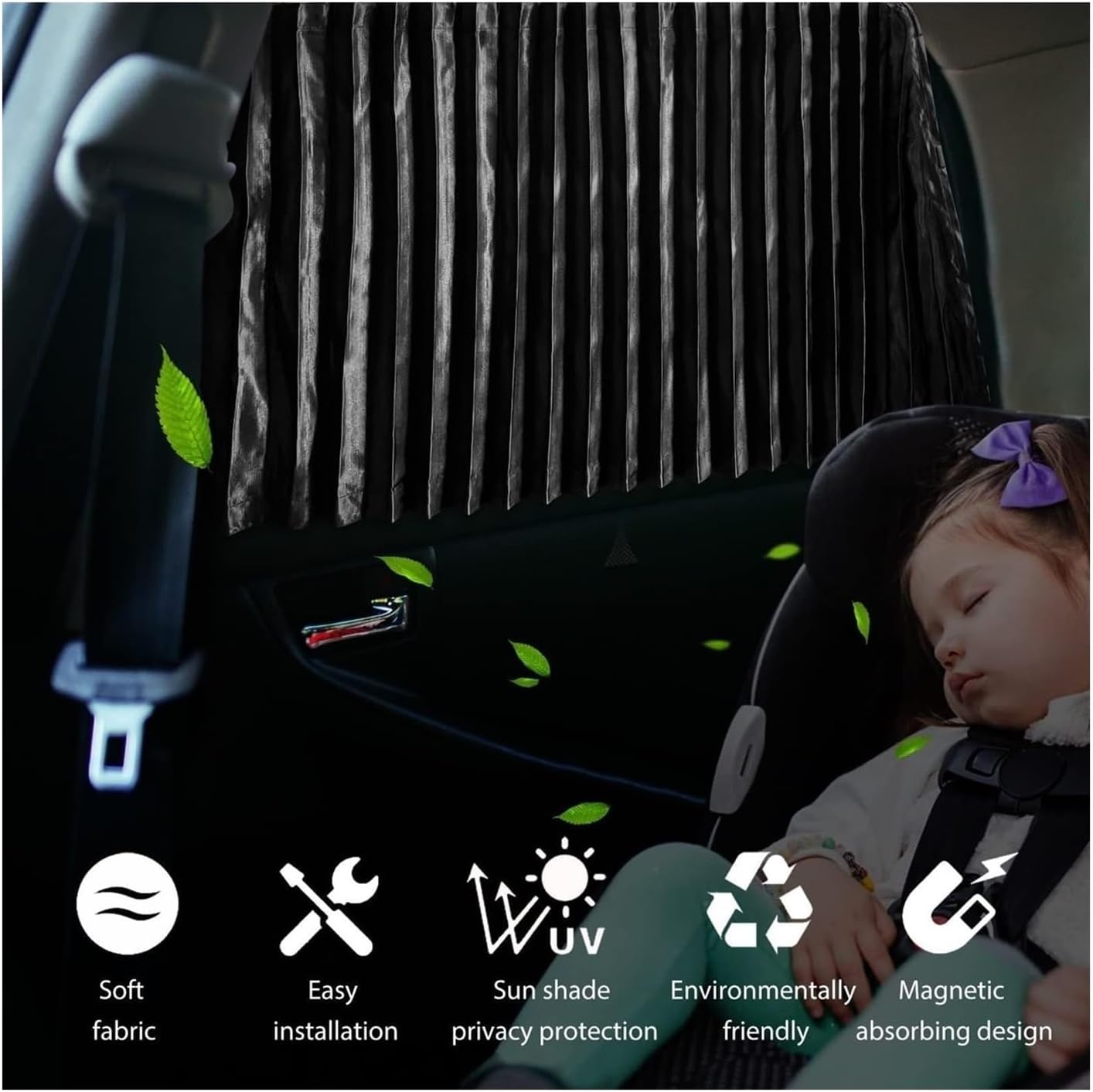 Magnetic Car Side Window Privacy Sunshade, Car Shades for Back Windows Baby, Car Curtain Pleated Silky UV Protection Privacy Suction Magnetic(Black,Complete Set)