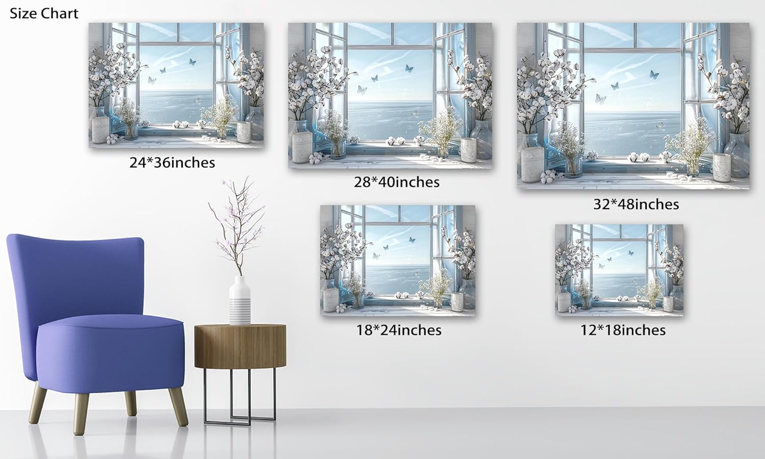 Farmhouse Bathroom Wall Art, Rustic White Flower in Bottle Pictures Prints for Bedroom Canvas Wall Decor, Framed Vintage Floral Plants in Blue Ocean Painting Posters for Room Artwork 12x18 Inches