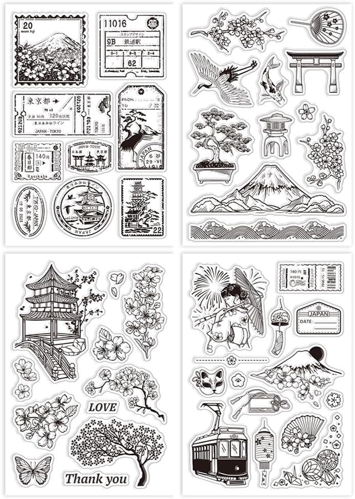 GLOBLELAND 4Pcs Japanese Clear Stamps for DIY Scrapbooking Mount Fuji Cherry Blossom Silicone Clear Stamp Seals Transparent Stamps for Cards Making Photo Album Journal Home Decoration